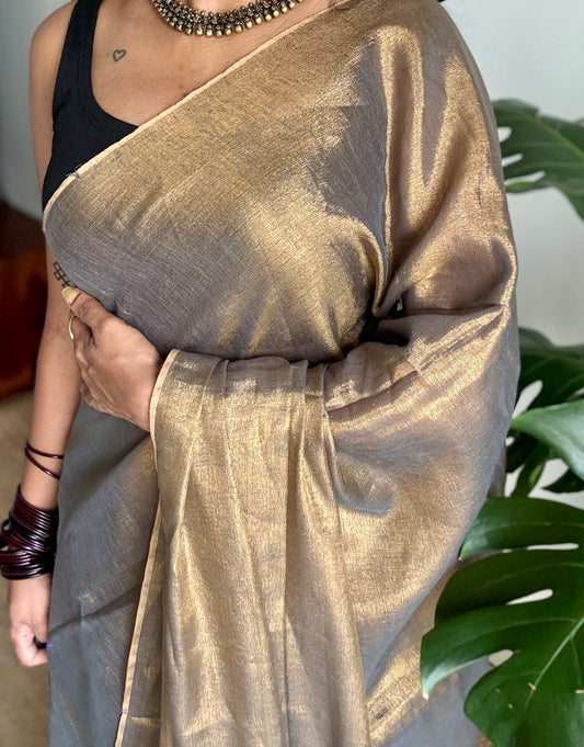 Bronze with gold, dual tone metallic tissue linen saree - YCBCLTOC61