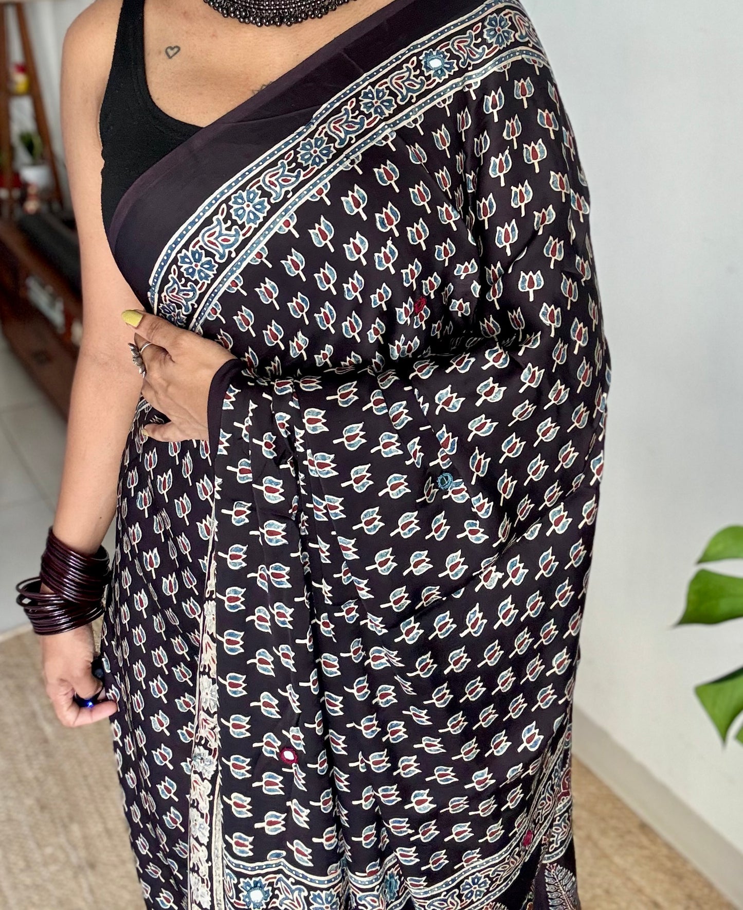 Black pure modal silk saree with ajrakh handblock print and mirror work - YCTOKAJM337
