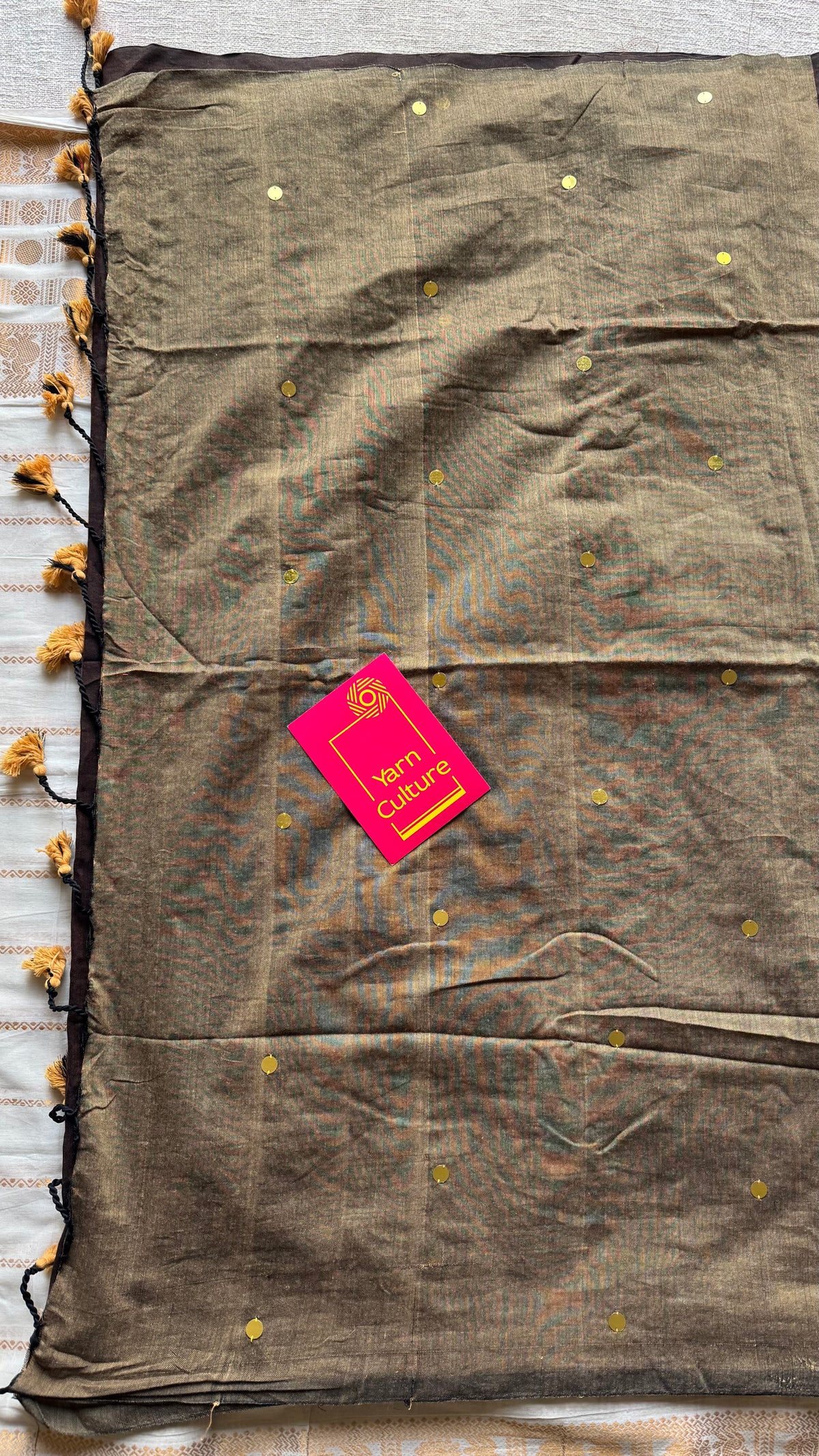 Brown with warm grey contrast pallu, gini sequins, soft cotton saree - YCBCSCOC09