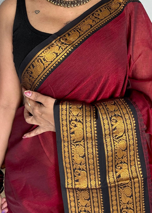 Kanchi cotton saree, dark red with black wide zari border - YCCOTNMA263