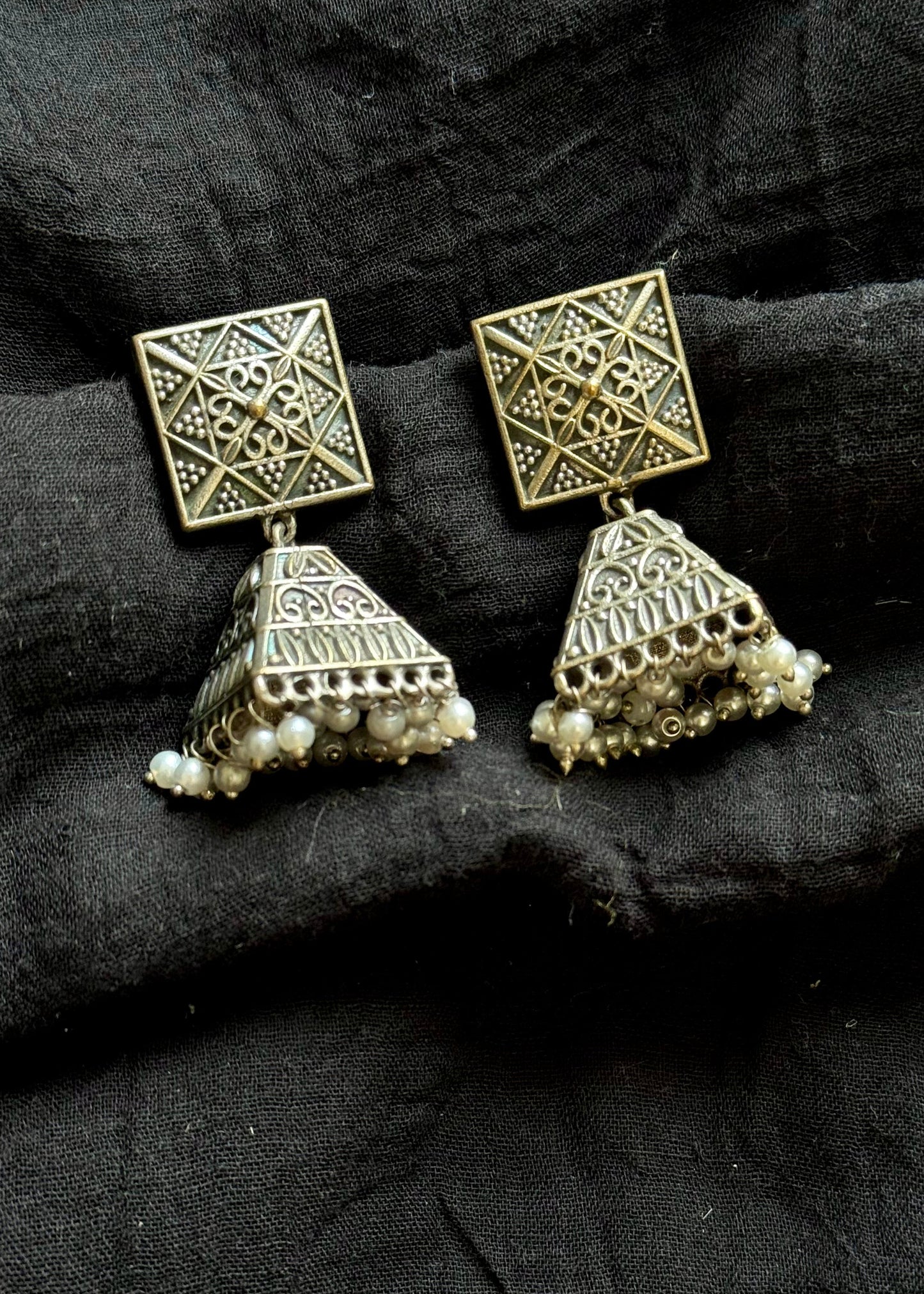 Square top jhumka, black polished oxidised silver with pearl hangings - YCOSEJ589