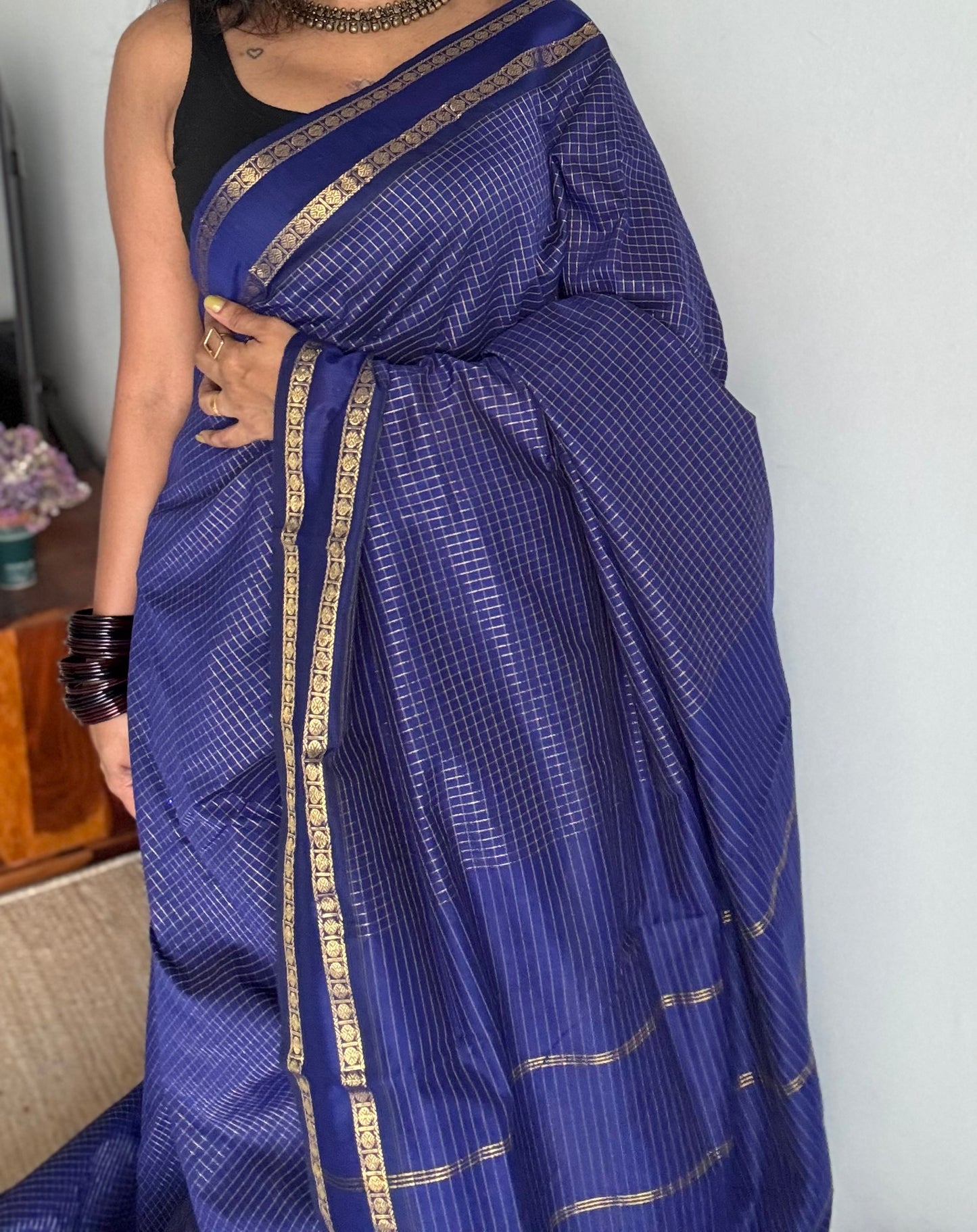 Royal blue, arani zari checks saree, cotton silk - YCCOTNARFE49