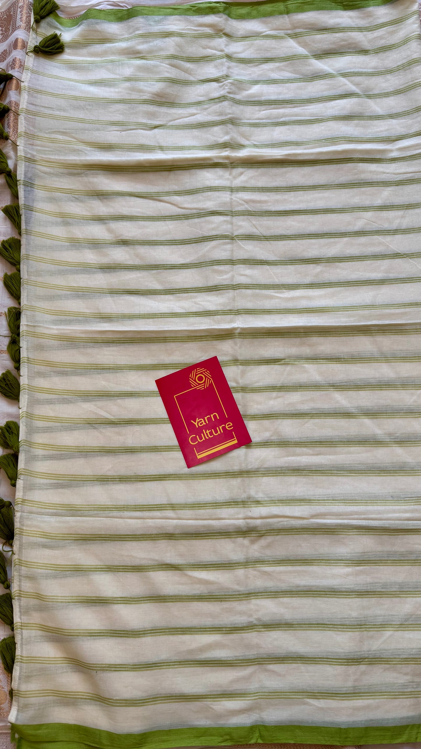 Ivory mul saree, green stripes - YCIEON23