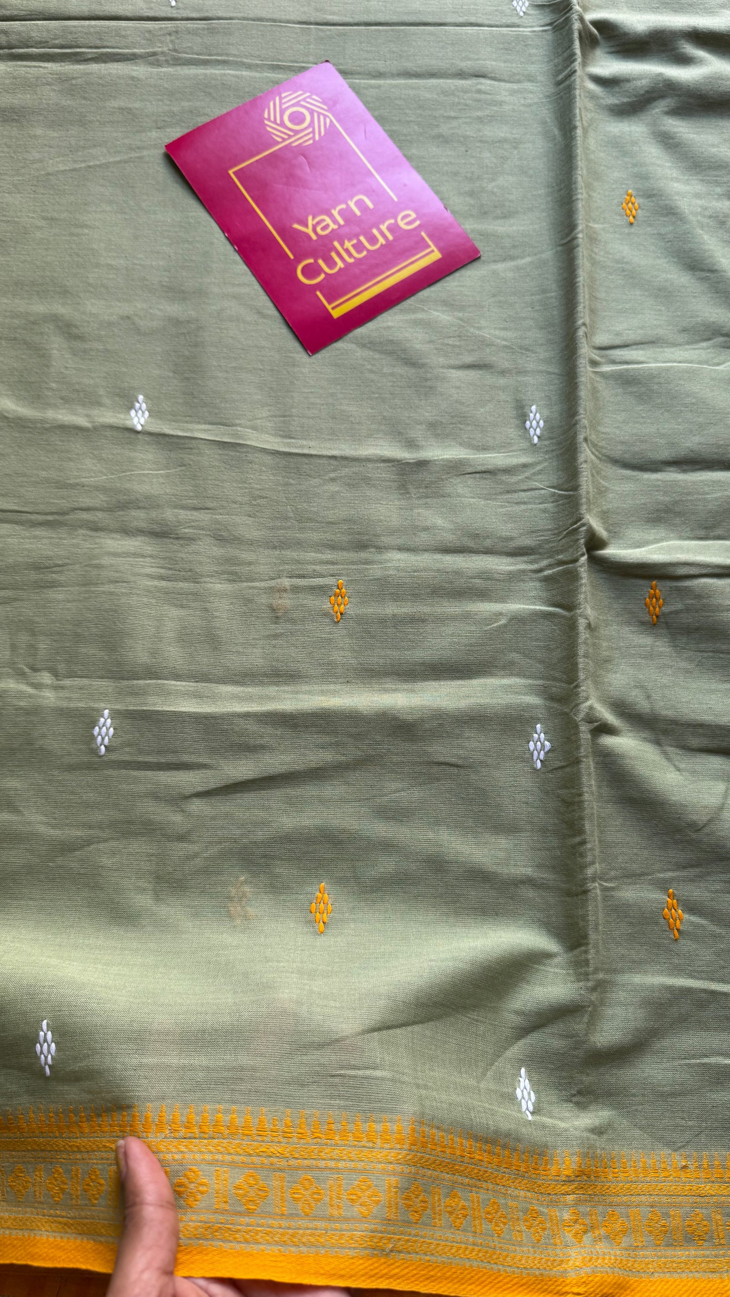 Dhonekhali handloom soft cotton saree, sage green with yellow and white woven buttas and border - YCBCDFE260