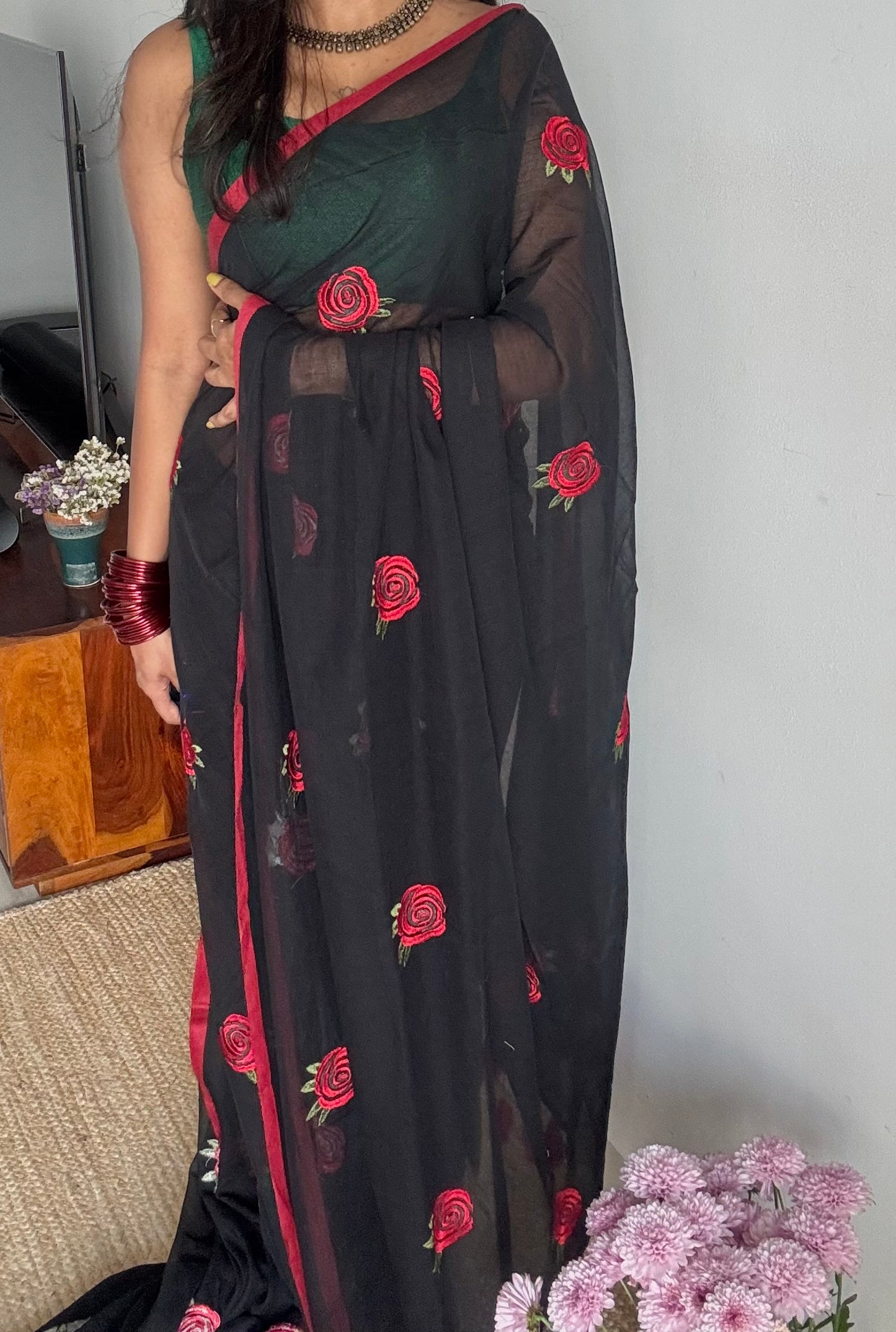 Black mul with red rose thread embroidery - YCBCMCNO69