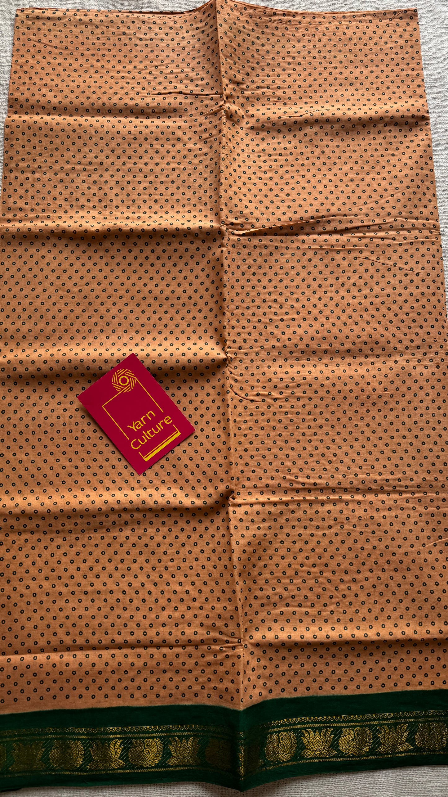 Peach with green, kattuchayam dyed madurai sungudi cotton saree - YCCOTNMSFE03