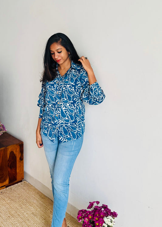 Indigo Whirl - blockprinted cotton stitched shirt, collared neck, full sleeves - YCSEBPSJA192