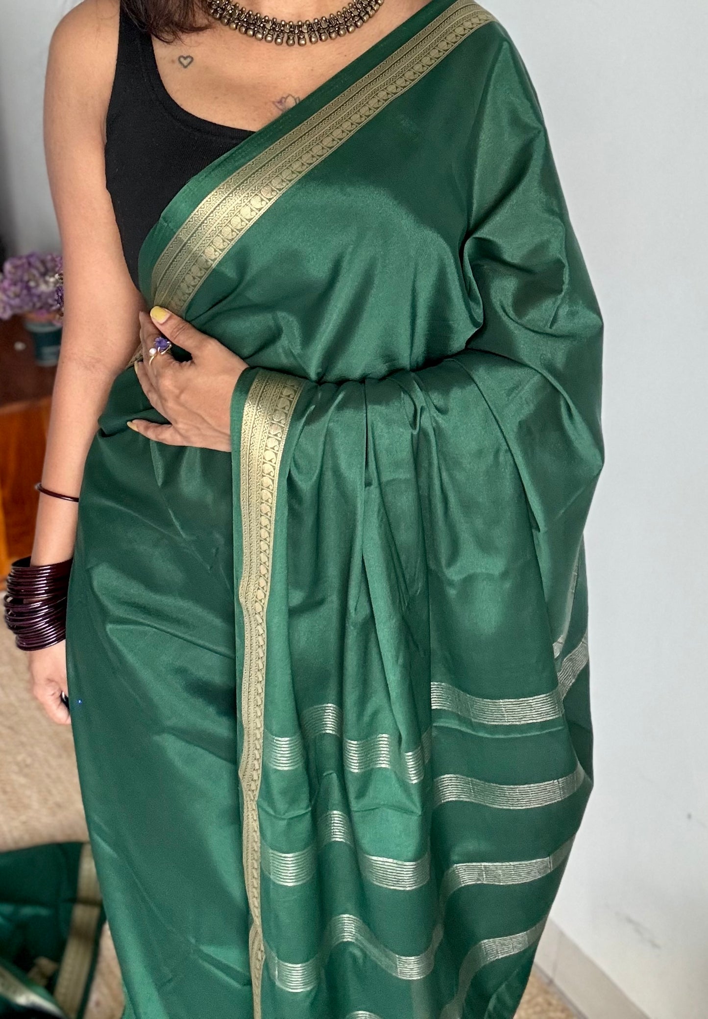 Dark green Mysore semi crepe silk saree - YCLOKFE236