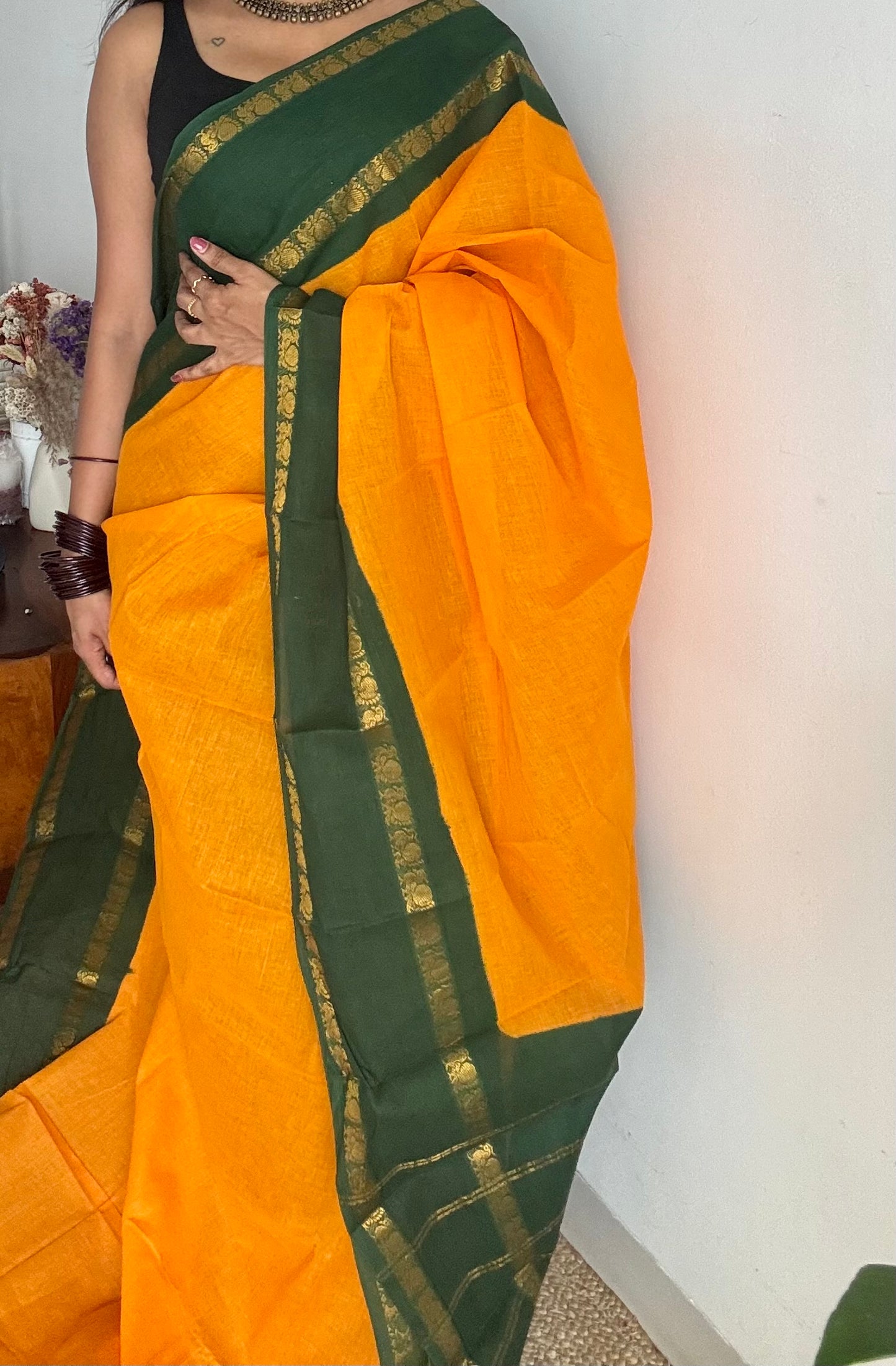 Yellow with green rettaipettu peacock double border, madurai soft cotton - YCCOTNMSAP206