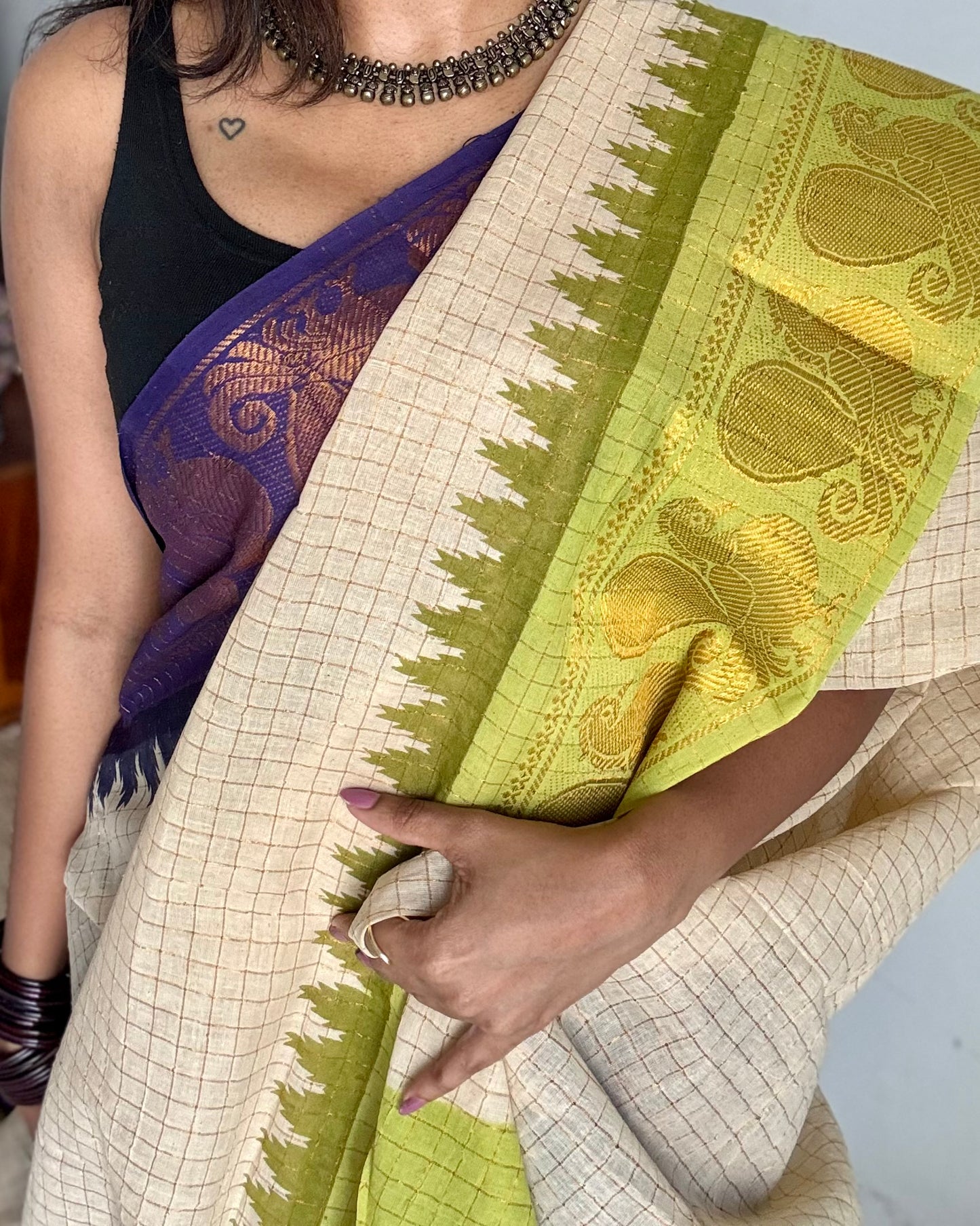 Sungudi cotton checks, ivory gold base, purple and neon green dual tone border, soft cotton - YCCOTNGJJA178