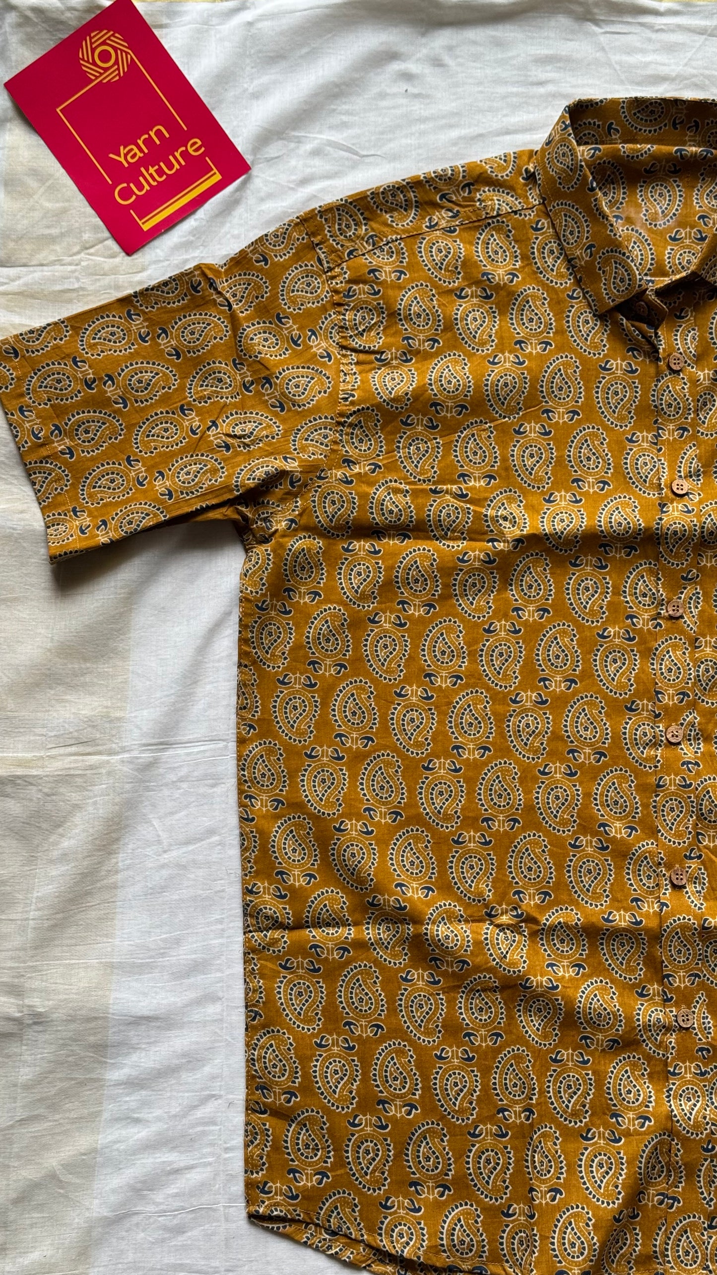 Rust Orange & Blue Motif Block Printed Cotton Men's Half Sleeve Mandarin Collar Kurta Shirt - YCMSEIE192