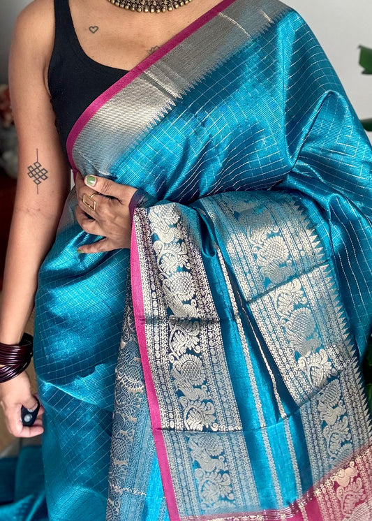 Peacock blue with dark pink silver zari checks, silver and gold peacock woven zari border, mangalgiri silk cotton, handwoven, soft, light weight - YCWOTDMSCOC125