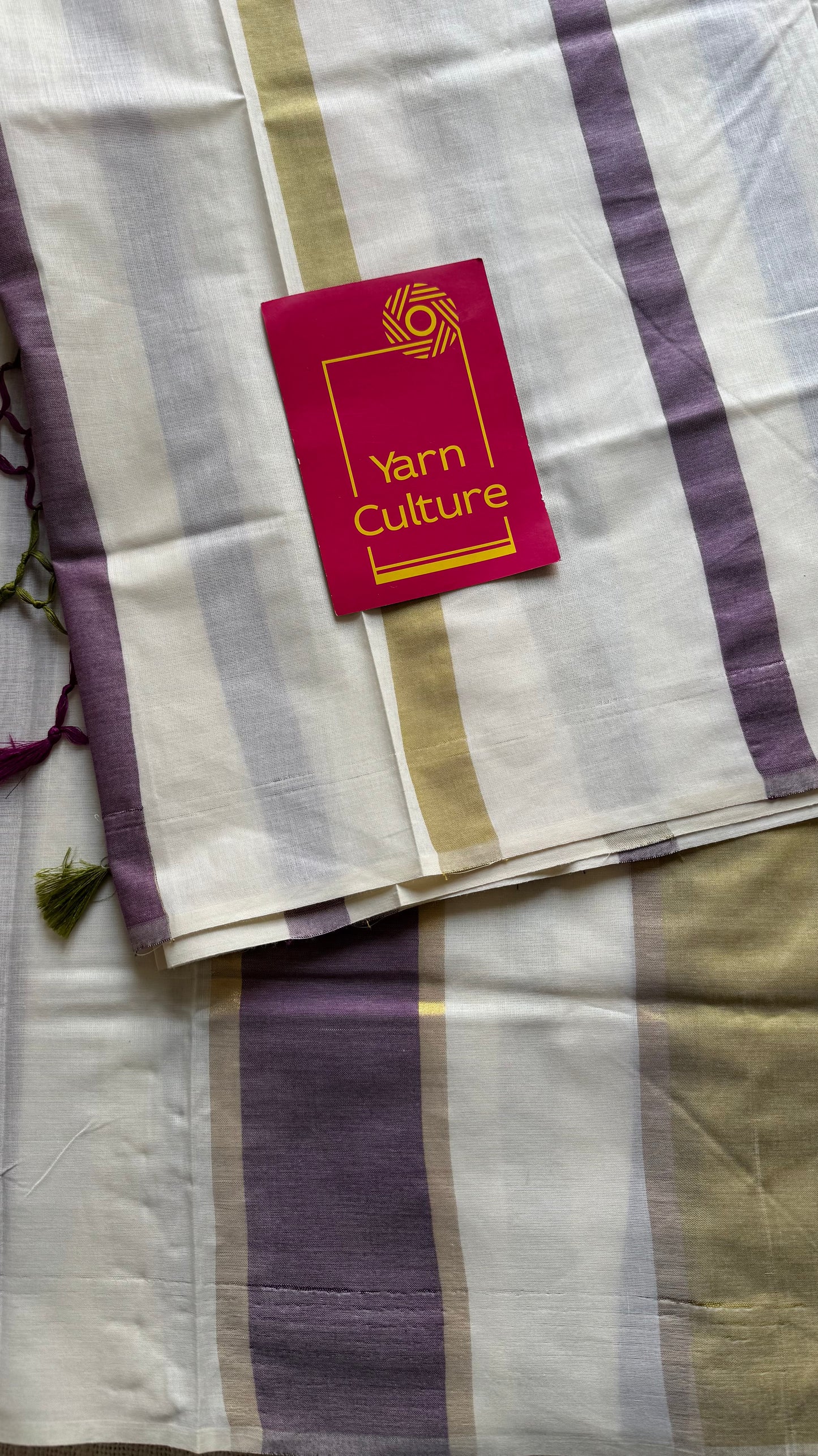 Ivory Kerala cotton saree with purple and green stripes - YCIEKCFE306