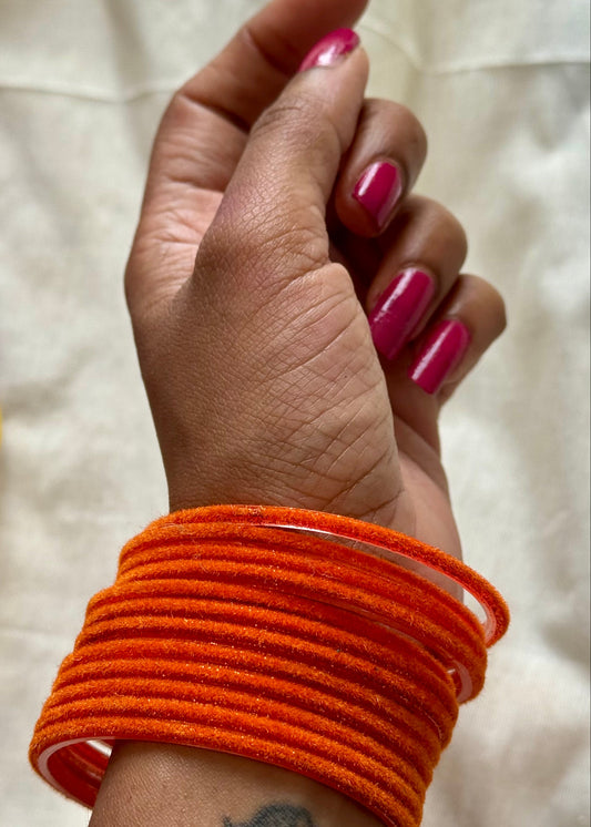 Orange velvet glass bangles, set of 12 - YCBANGL353