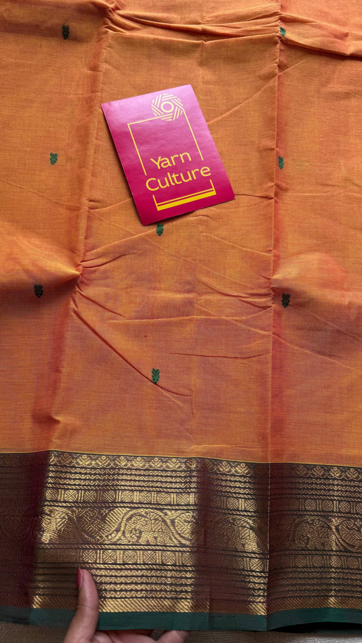 Kanchi cotton saree, light orange with green zari border - YCCOTNAP80