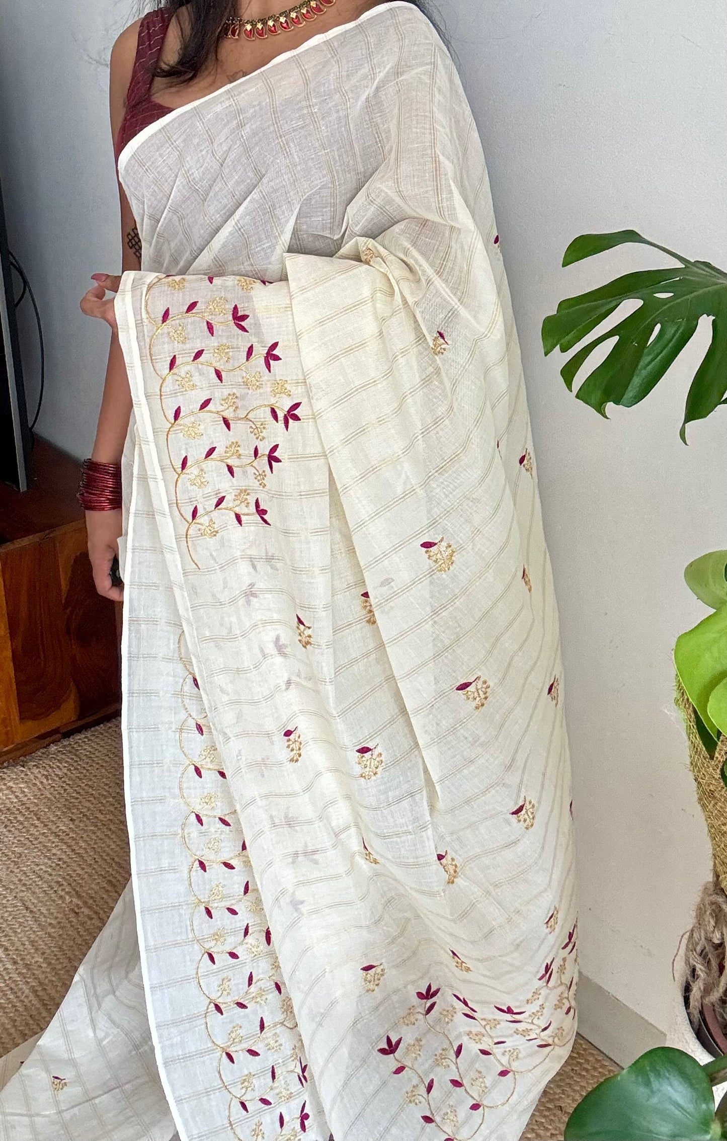 Ivory and gold soft cotton saree, purple pink floral vine embroidery  - YCIEON56