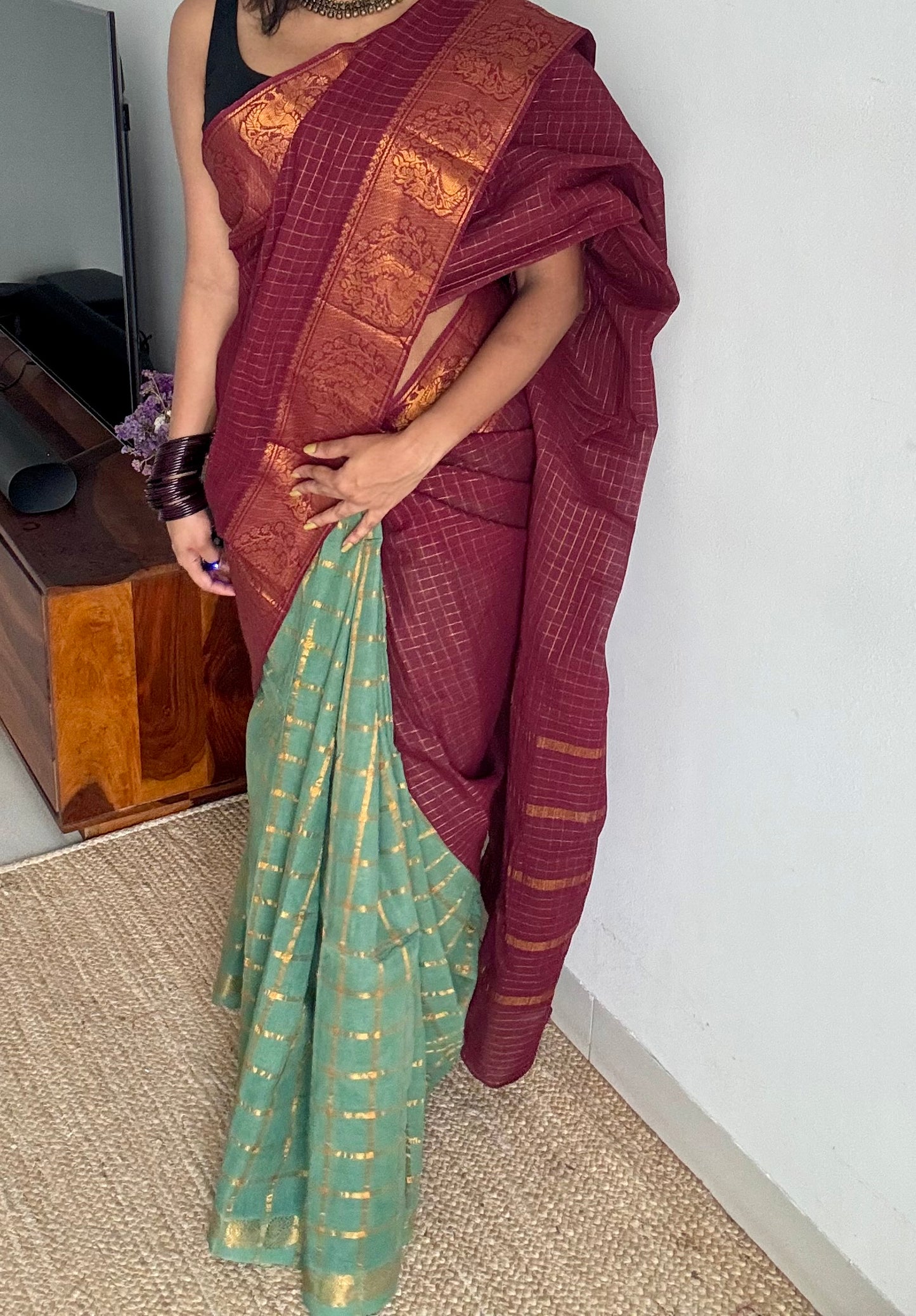 Maroon with mint green, sungudi cotton half-half saree - YCCOTNMSFE362