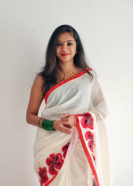 Chembarathi : Red Hibiscus flower cutwork in soft cotton, YCON25BCSC241