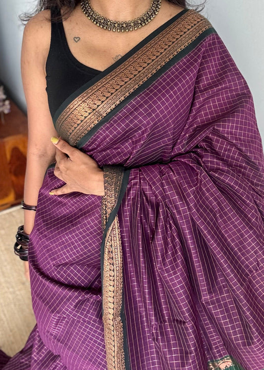 Dark purple with dark green, checks - cotton silk - YCCOTNSEKCS11