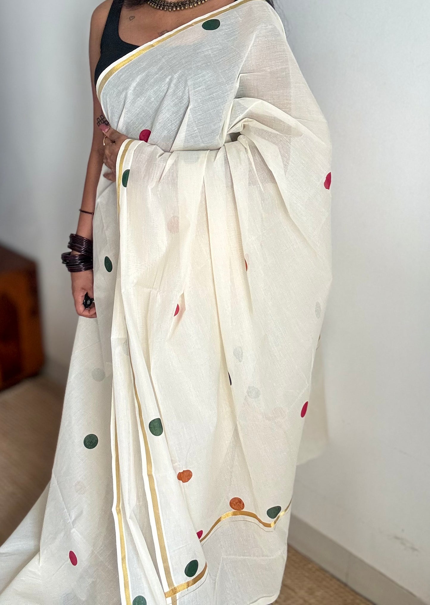 Ivory and gold soft cotton thin border kasavu saree, dark pink, mustard and green polka - YCIEON75