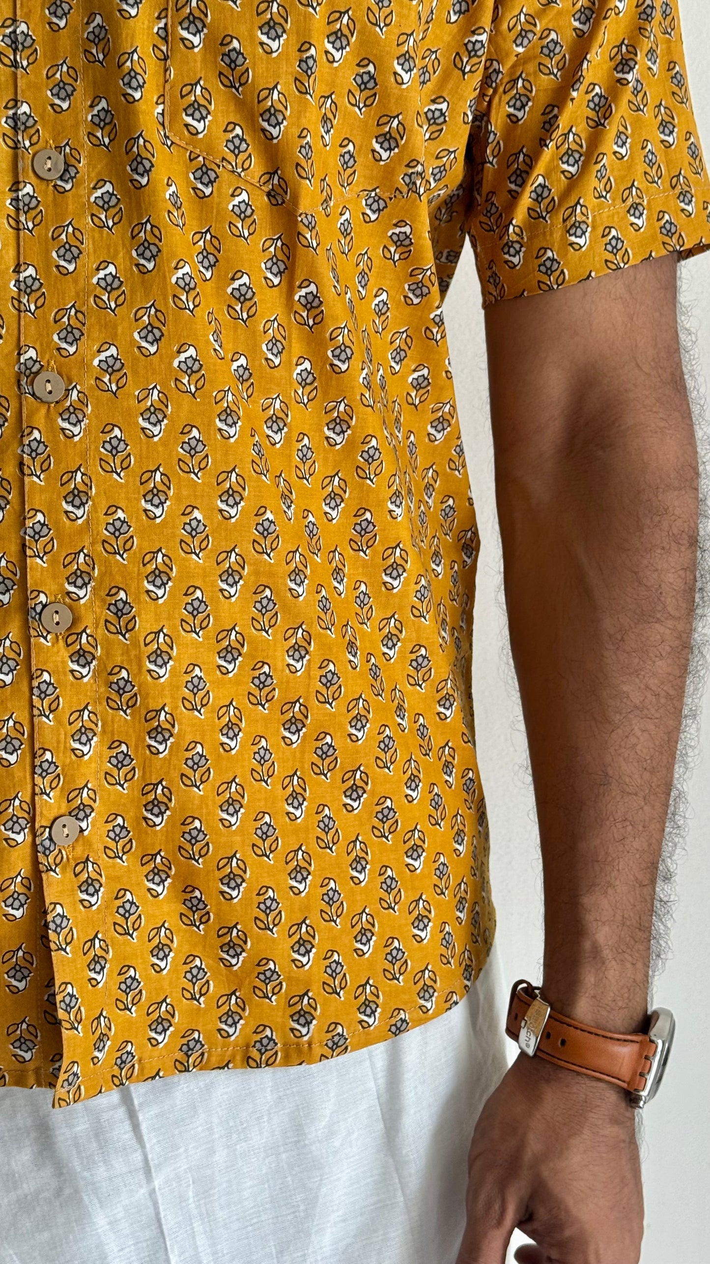 Turmeric Yellow Floral Motif Block Printed Cotton Men's Half Sleeve Mandarin Collar Kurta Shirt - YCMSEIE193