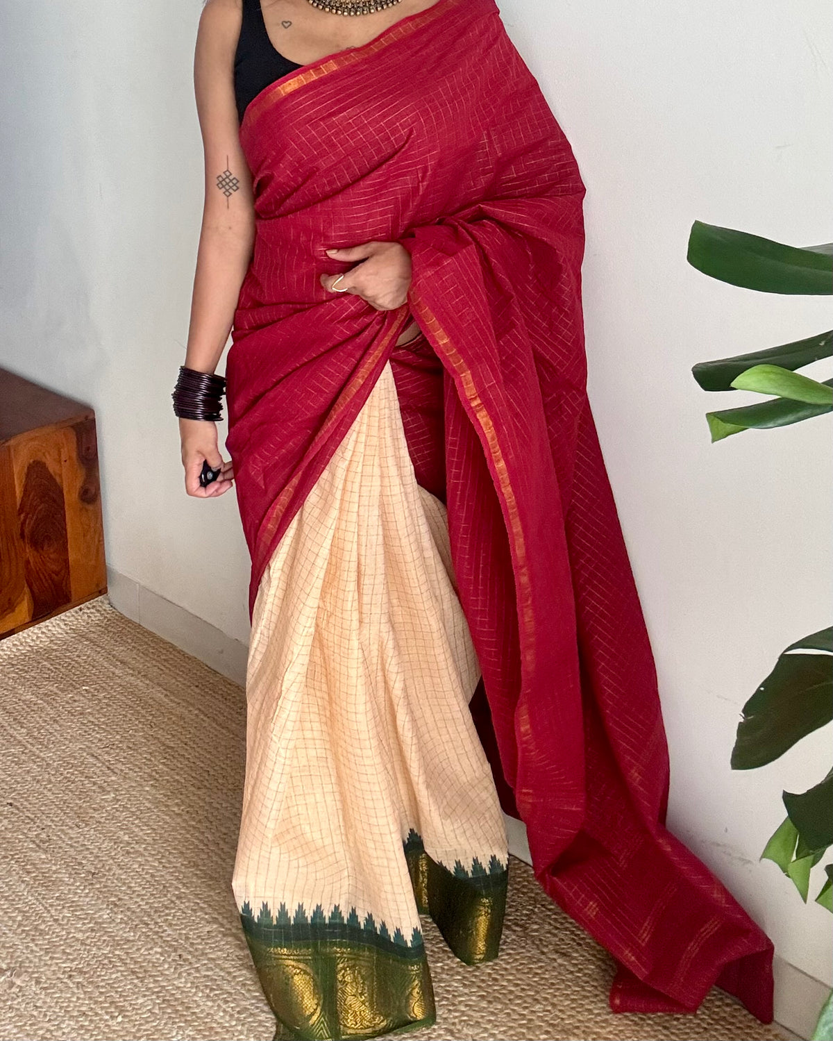 Red with cream and green, sungudi cotton half-half saree - YCCOTNIDOC12