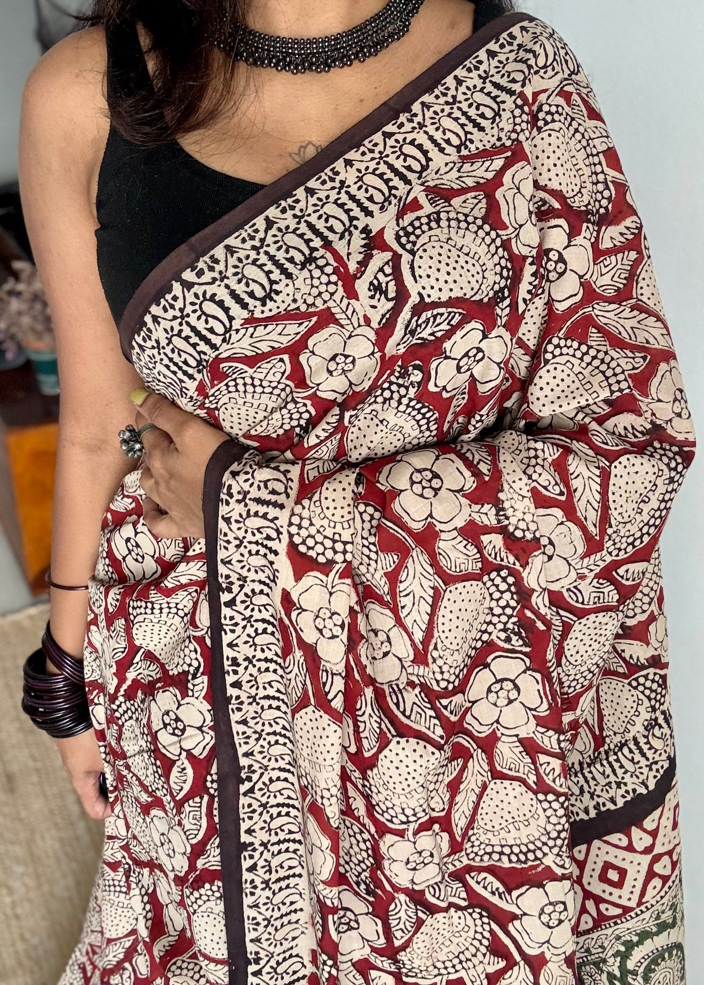 Kesar - a warm red with floral motifs, block print, soft cotton - YCWOTDNOBP90