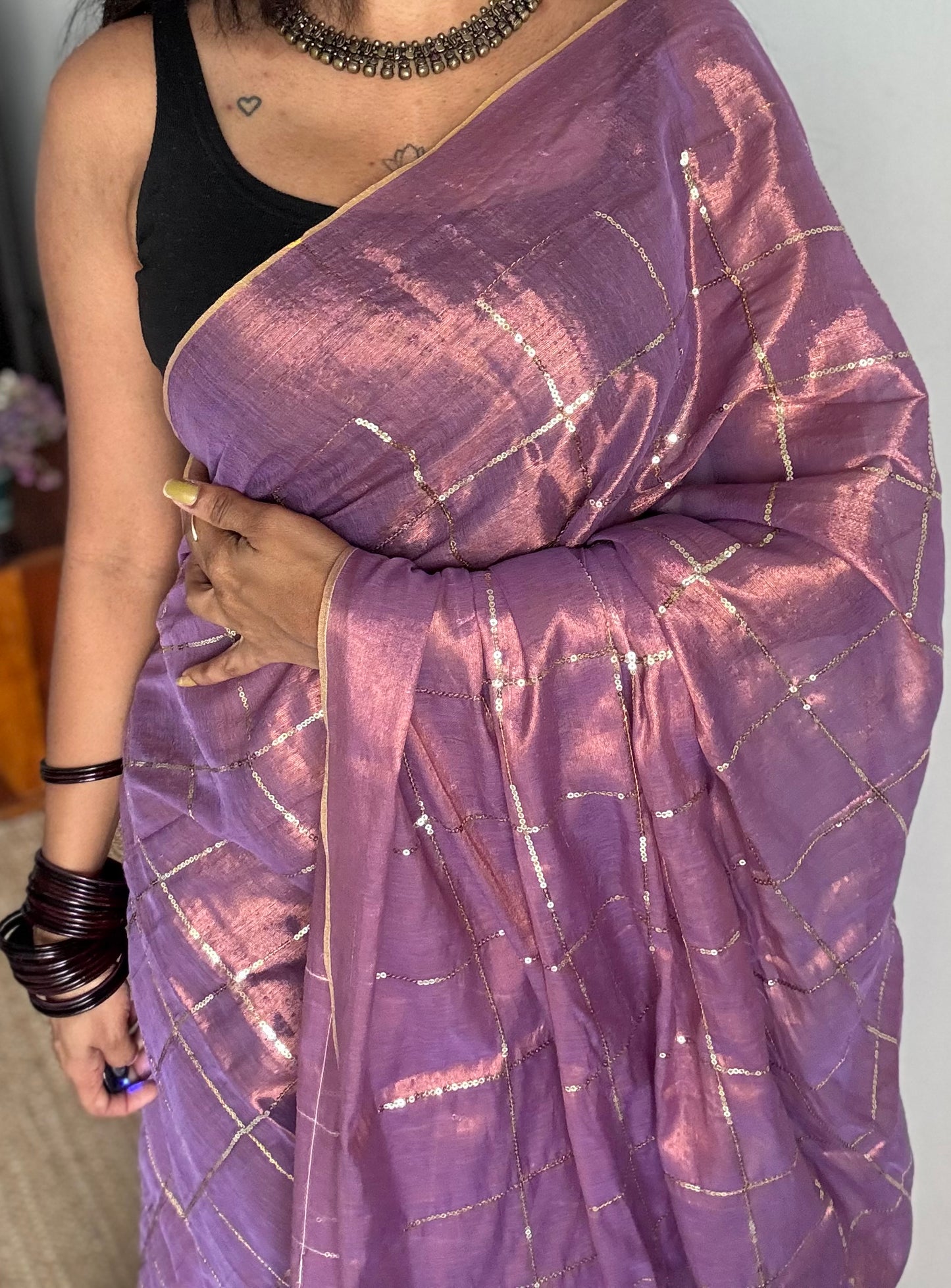 Lilac, checkered sequins work, mul tissue - YCBCMCJA11