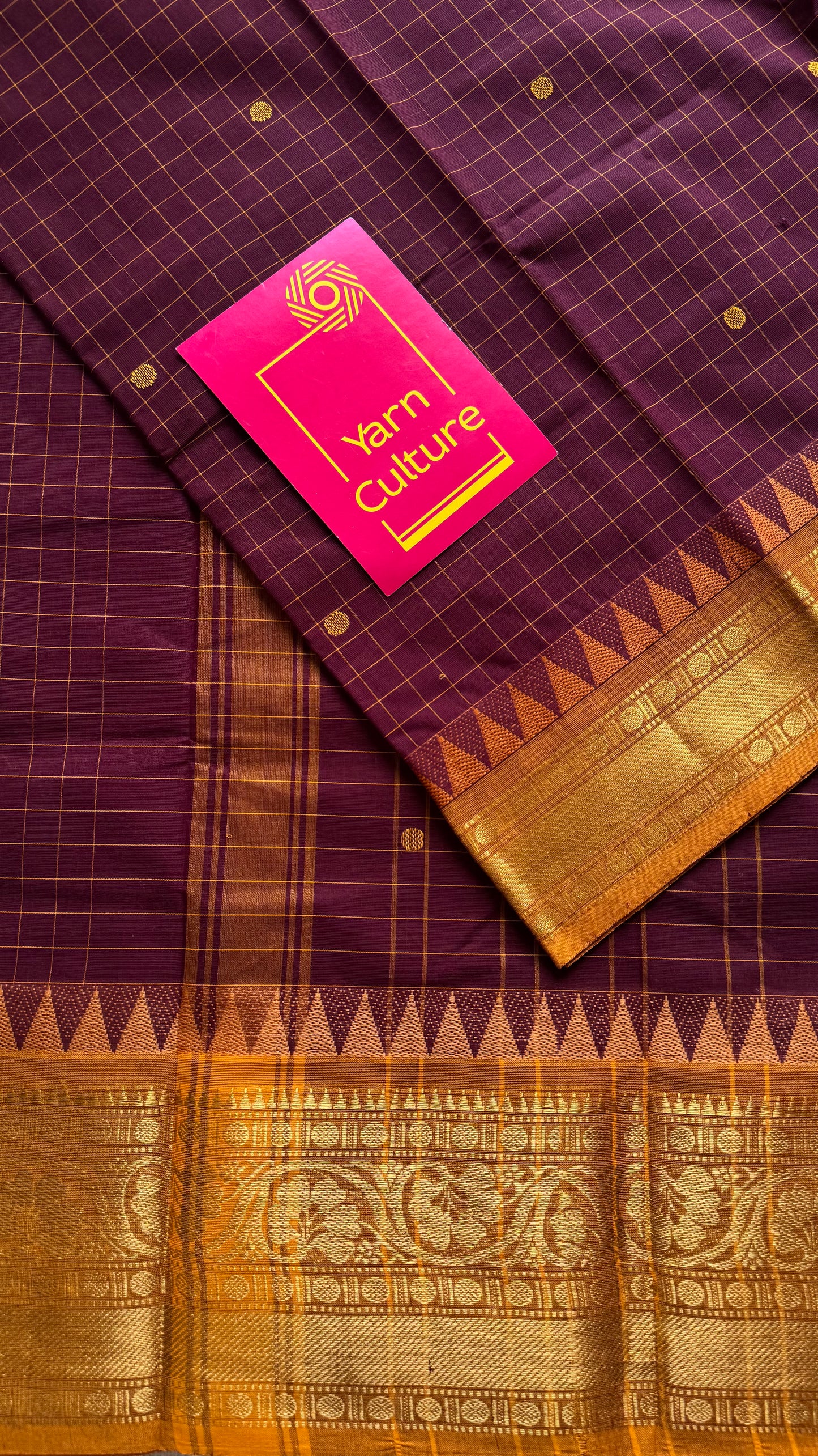 Kanchi cotton saree, maroon checks with yellow temple motif border - YCCOTNAP79