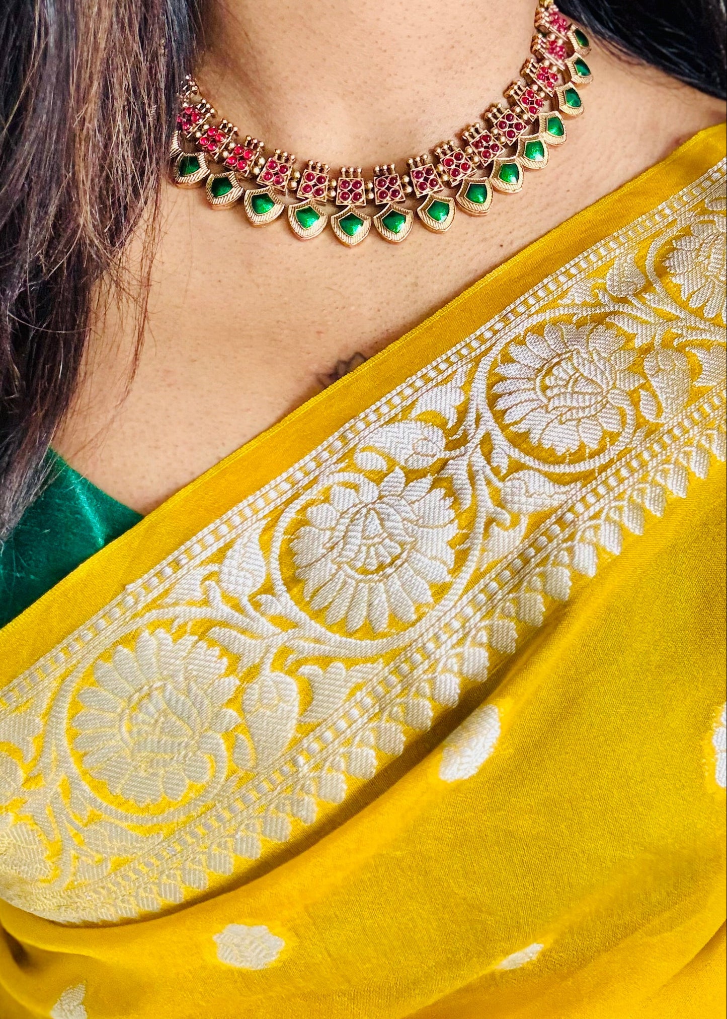 Green palakka neckpiece with earrings - YCGPNP633