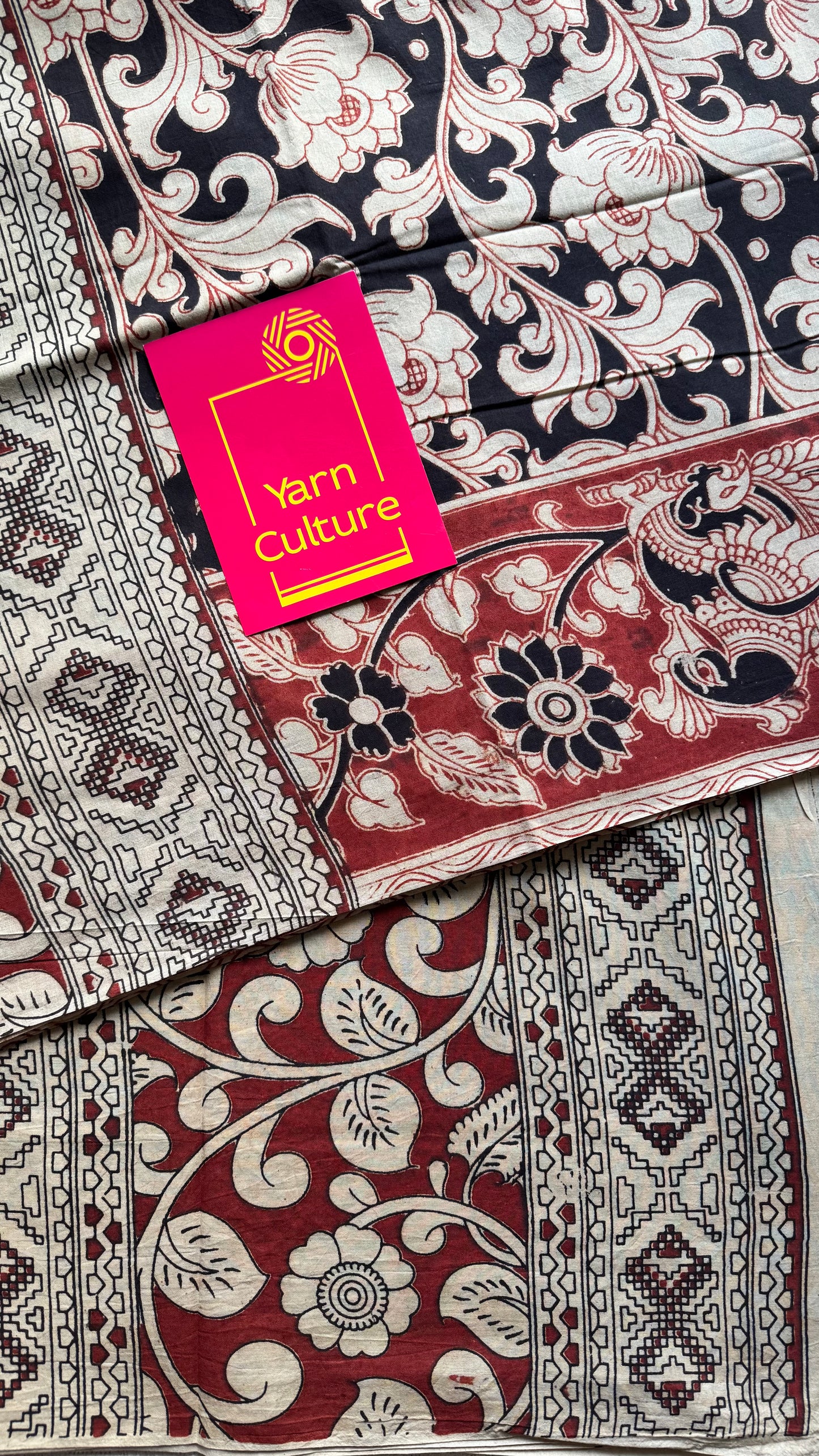 Black with beige and brick red kalamkari, floral vines, soft cotton - YCWOTDOCMP85