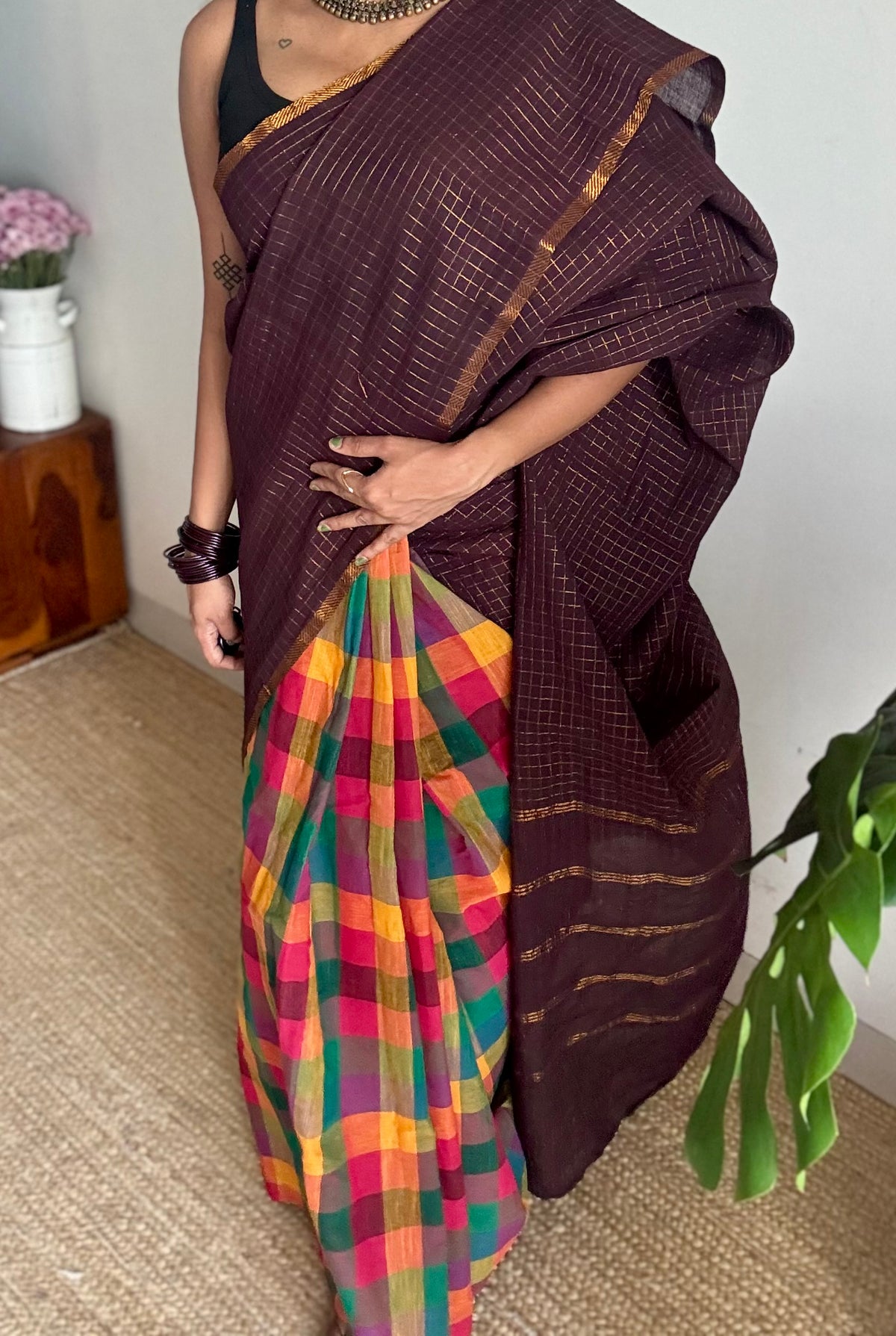 Dark brown mini checks with multicoloured madras checks, cotton half and half saree - YCCOTNIDOC165