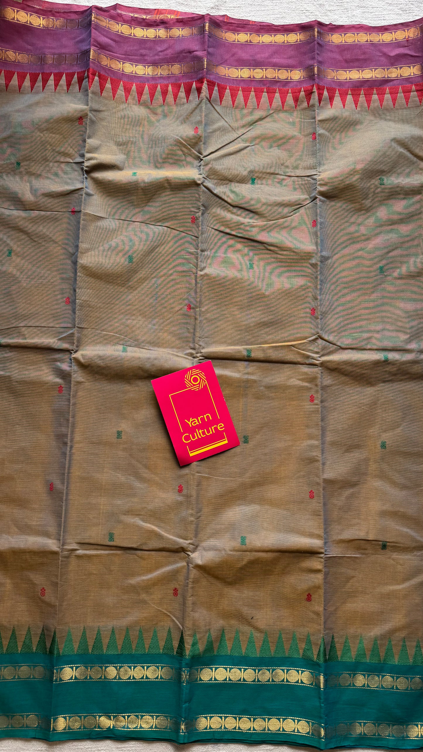 Kanchi cotton saree, warm grey with purple pink and green dual border - YCCOTNAP96