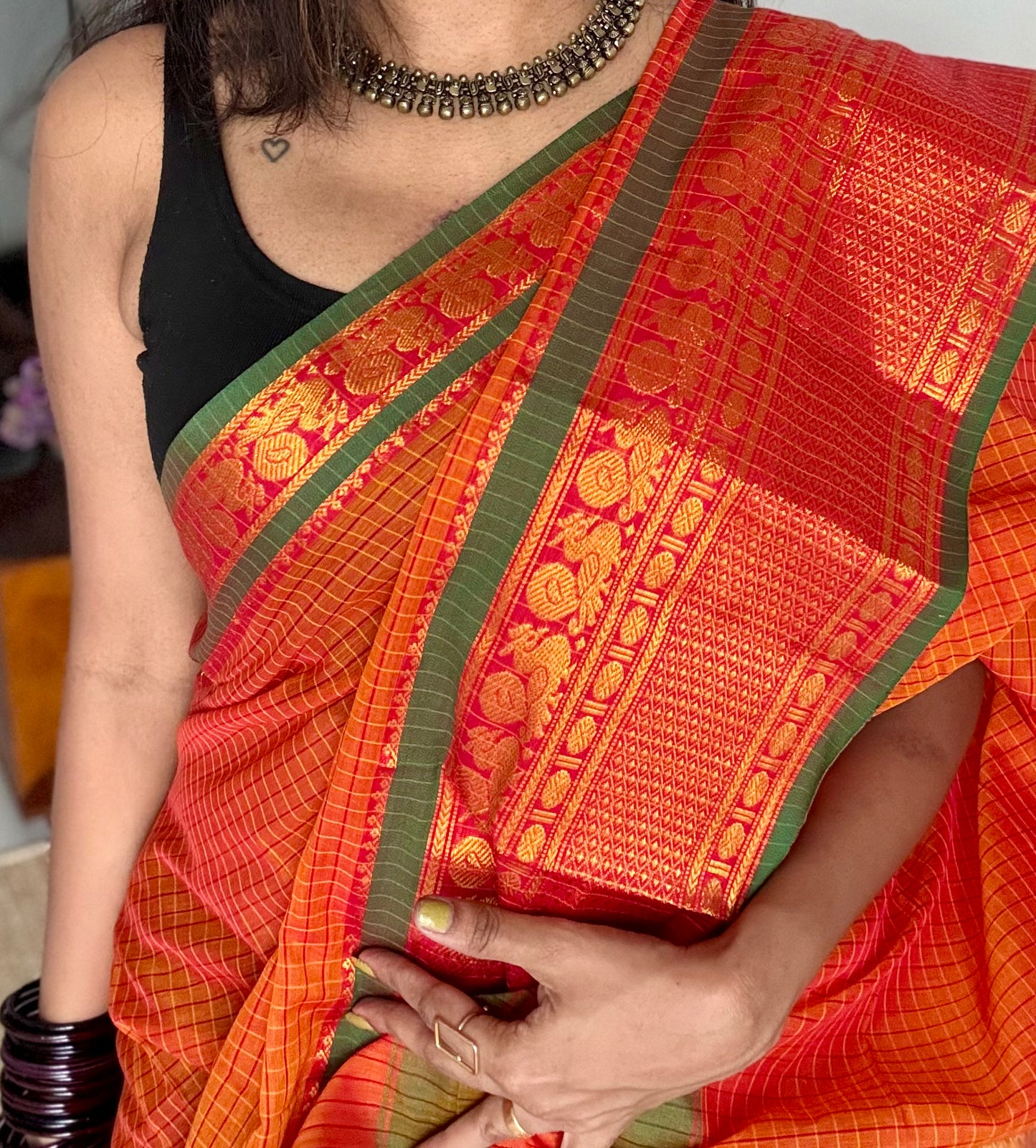 Orange checks with green zari border, premium narayanpet, soft cotton - YCWOTDNPCFE22