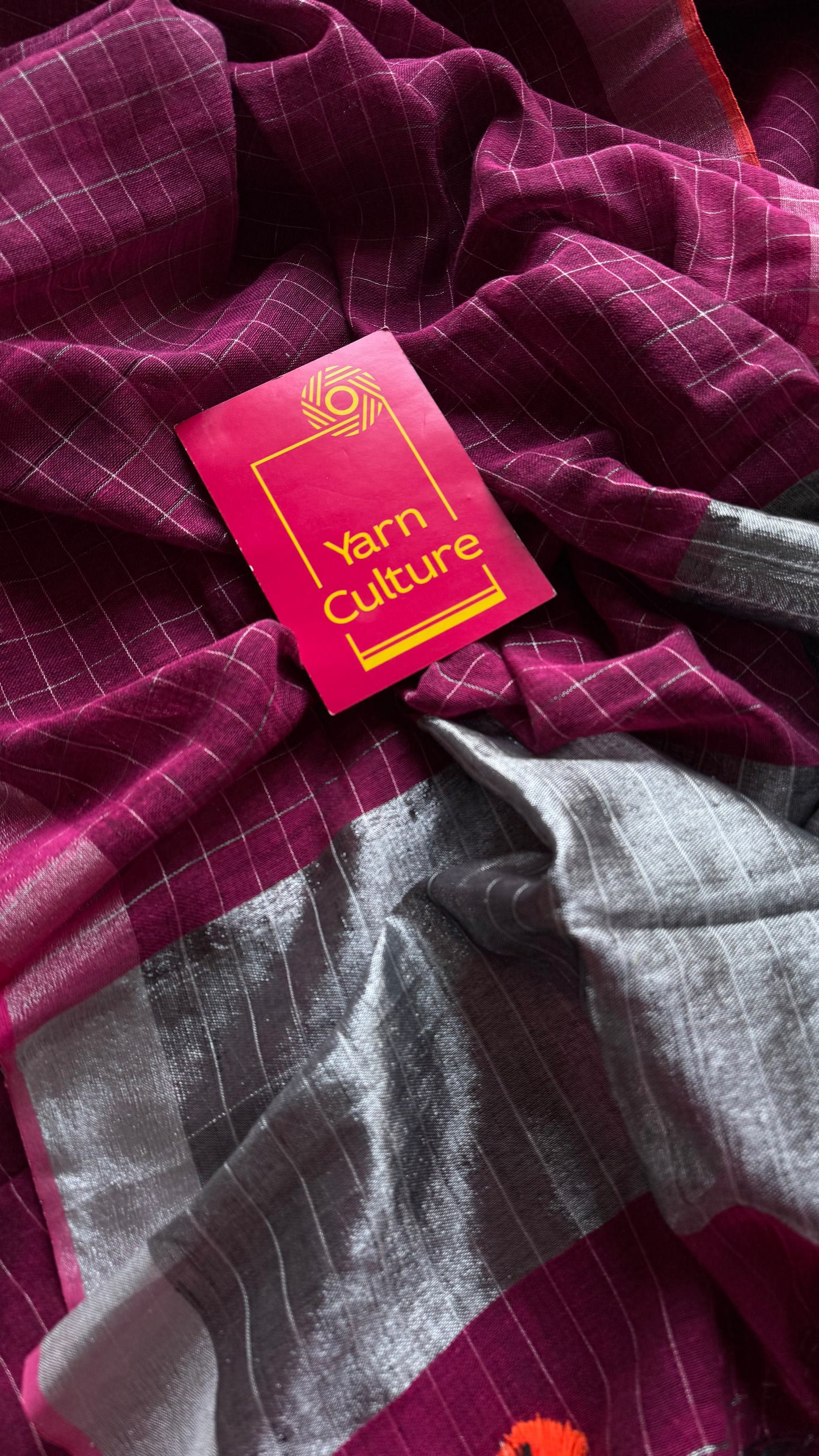 Ruby linen by cotton saree, silver checks & zari pallu - YCBCLCFE387