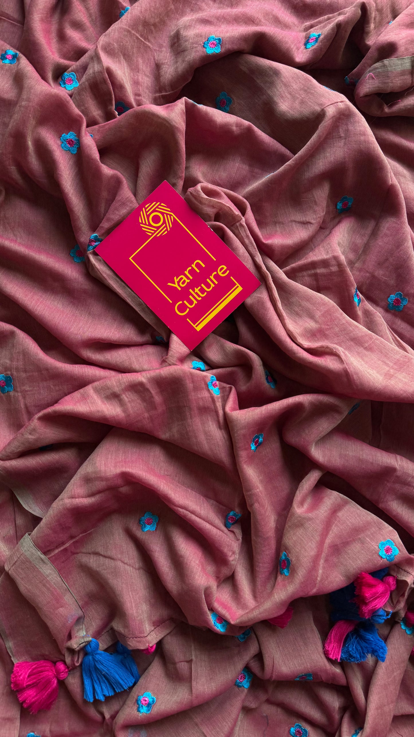 Dusty pink with grey dual tone, blue floral embroidered mul cotton saree  - YCBCMCAP44