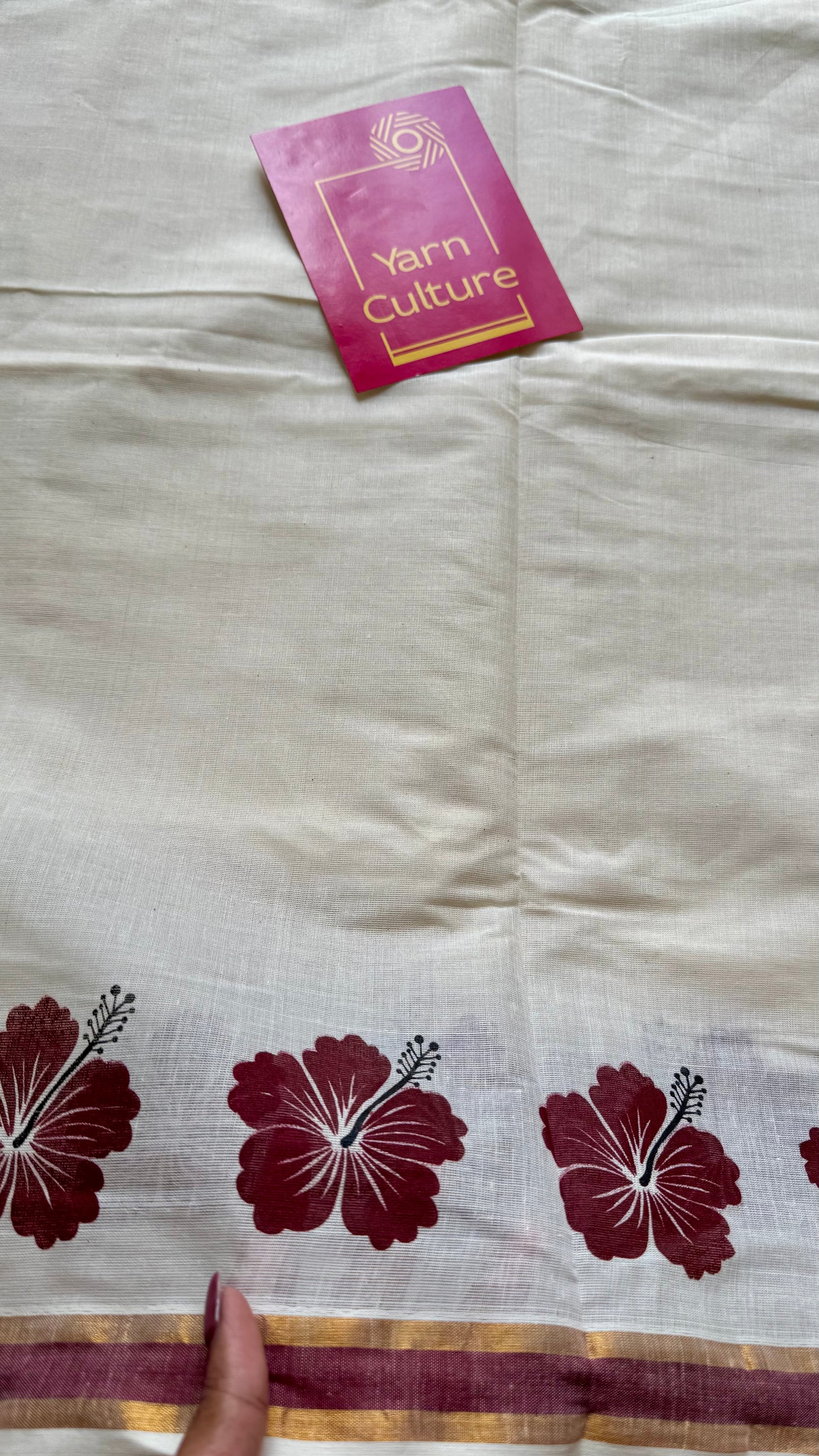 Ivory and gold soft cotton saree, maroon hibiscus (chembarathi) flowers - YCIEON62