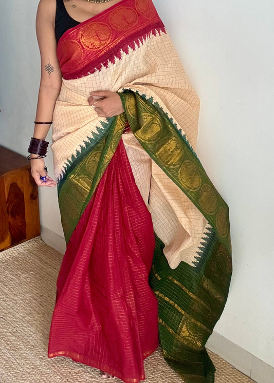 Cream with red and green, sungudi cotton half-half saree - YCCOTNIDOC11