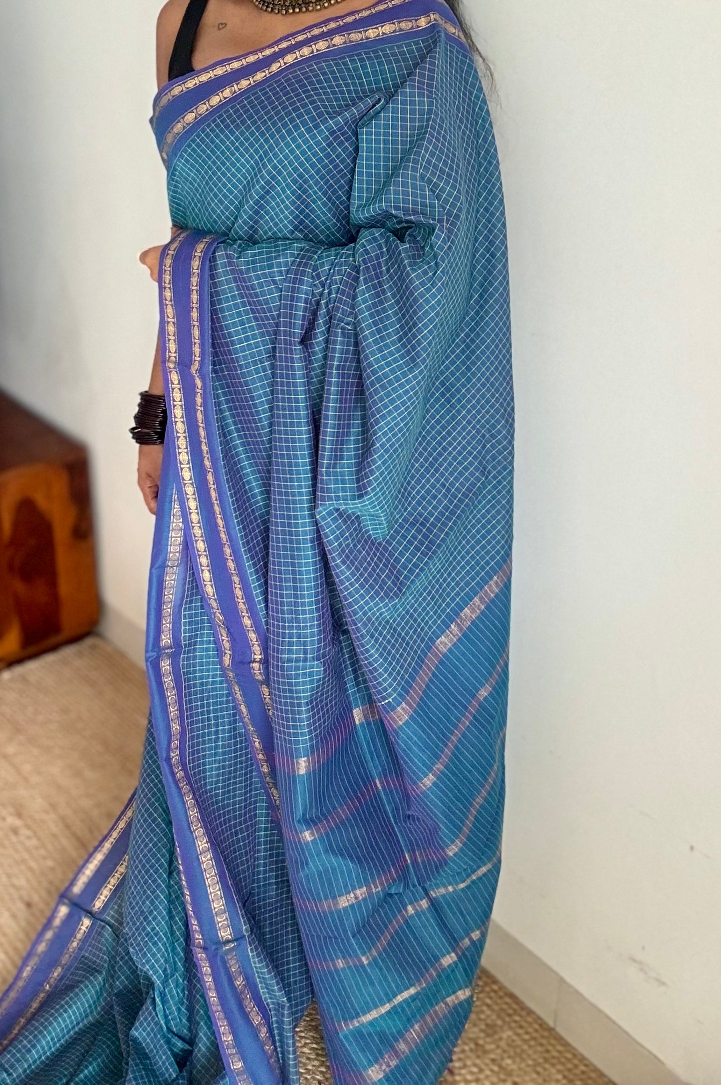 Peacock blue, arani checks saree, cotton silk - YCCOTNAUG21