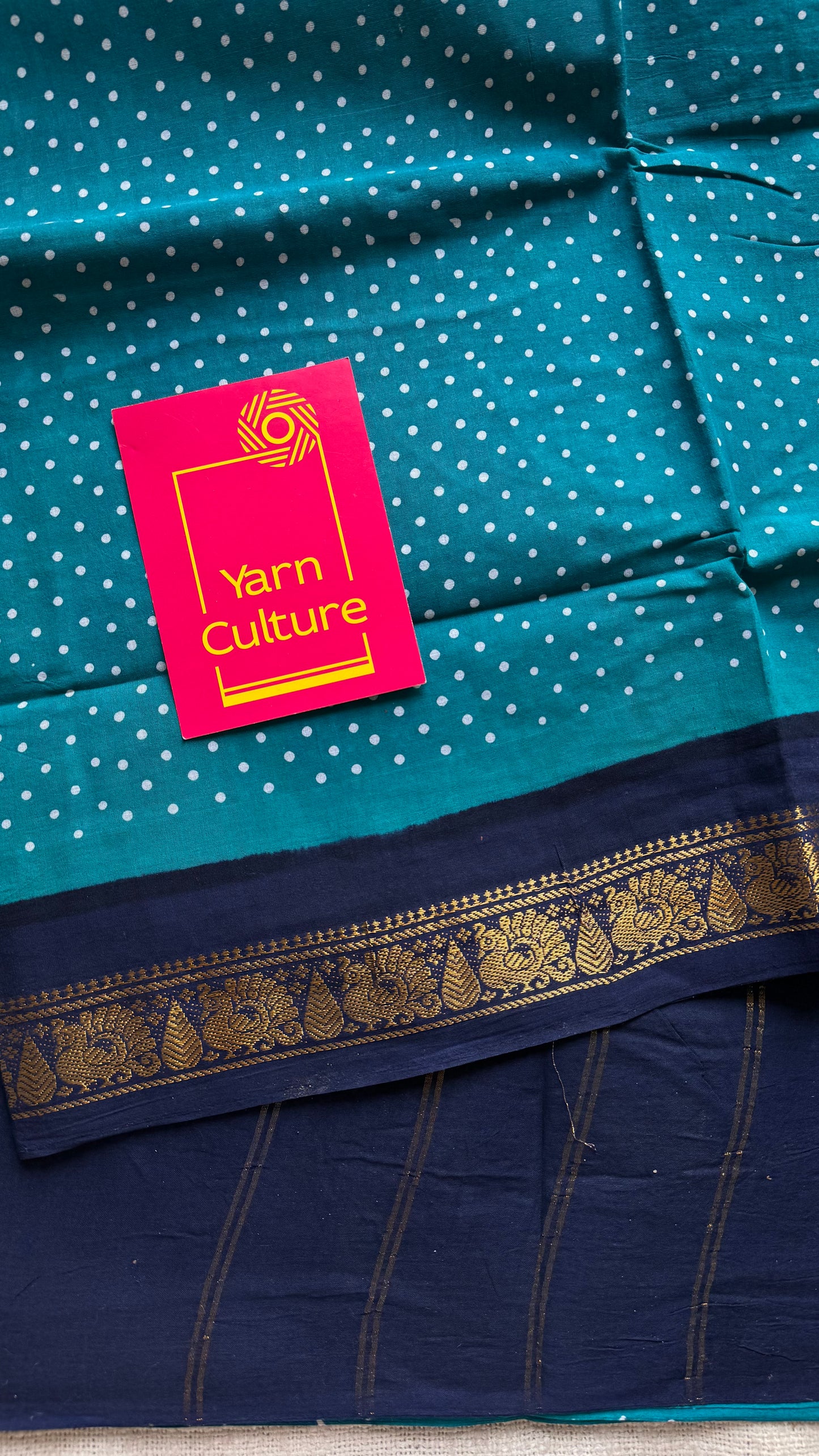 Turquoise blue with navy blue, kattuchayam dyed madurai sungudi cotton saree - YCCOTNMSFE05