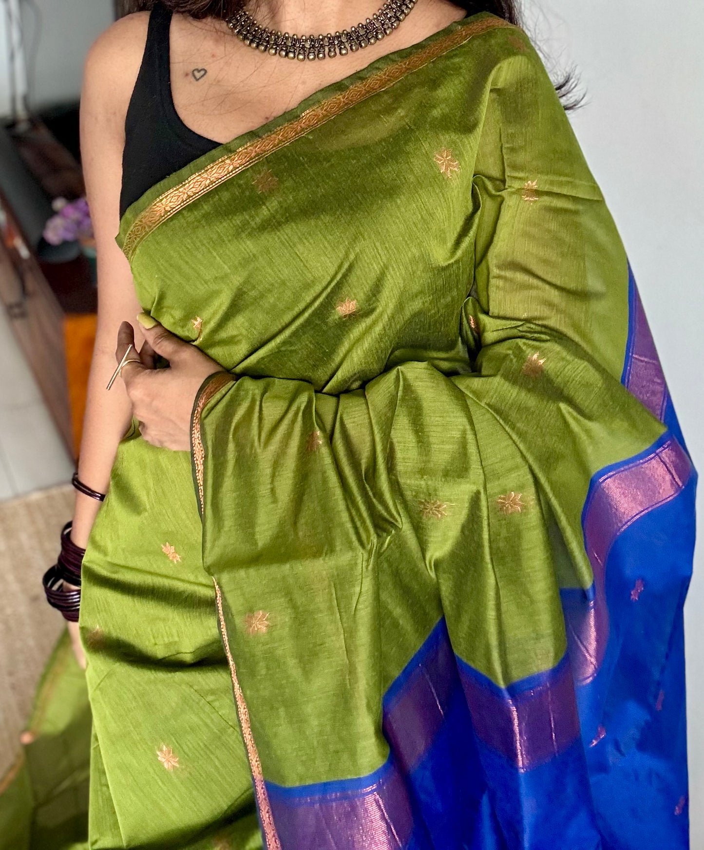 Parrot green with blue, copper zari buttas, semi maheshwari cotton silk - YCCOTNCSDE90