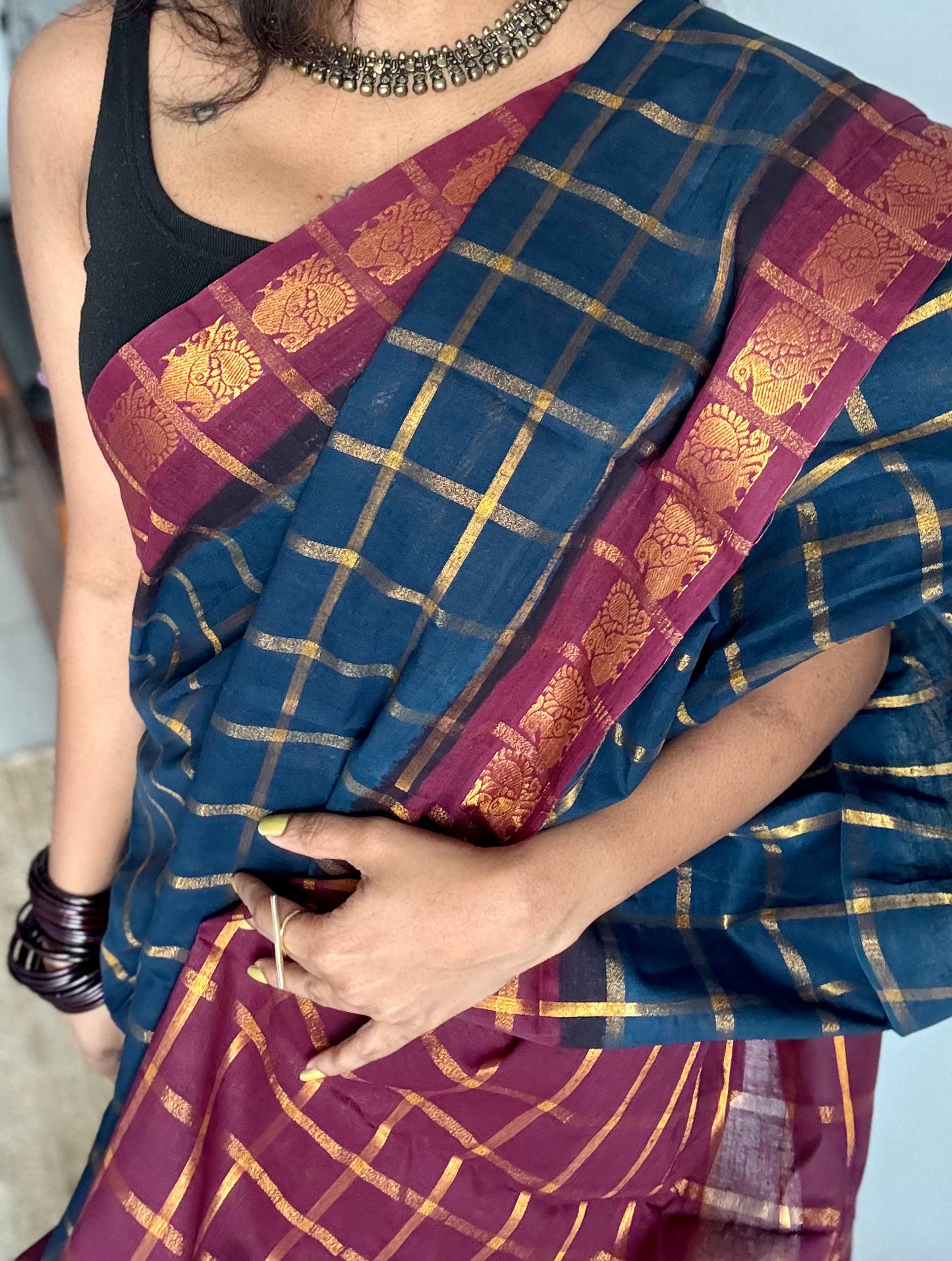 Teal blue with maroon pavithra kattam sungudi, madurai cotton - YCCOTNSUDE78