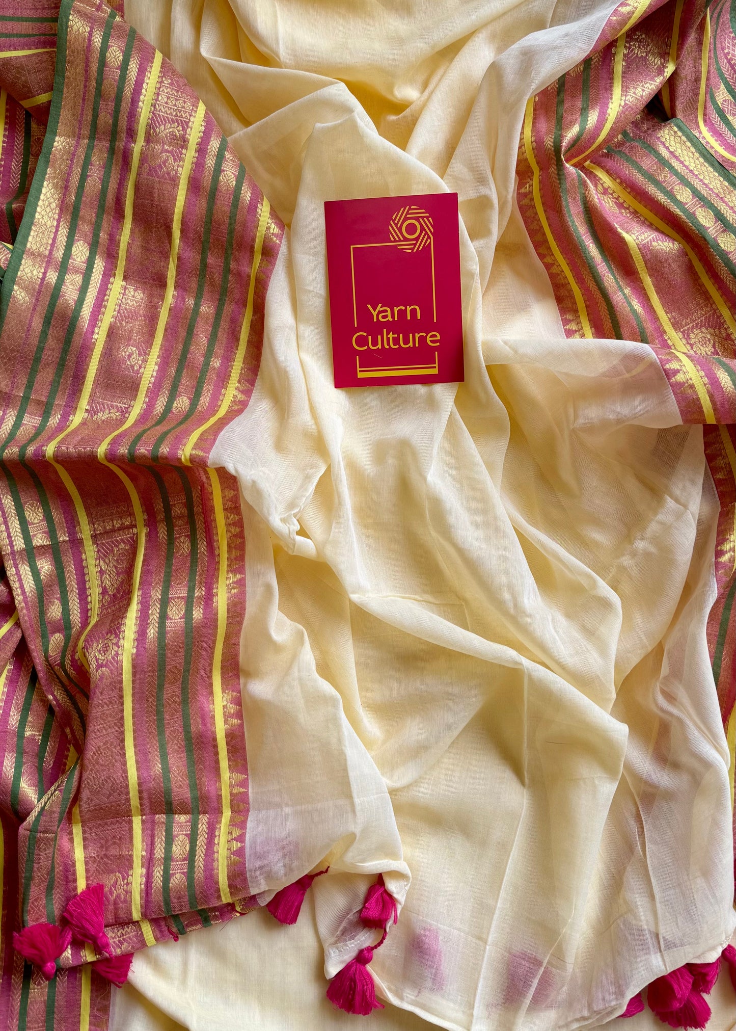 Cream mul saree, multicoloured wide kanchi border - YCIEON12