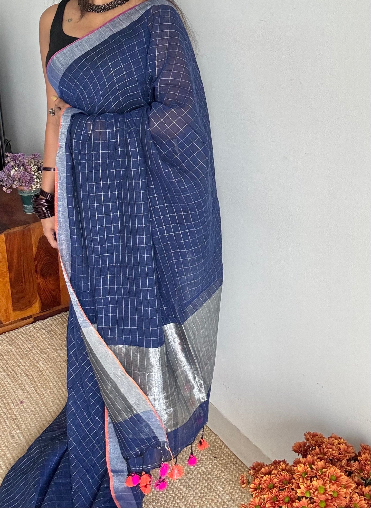 Navy blue linen by cotton saree, silver checks & zari pallu - YCBCLCFE392