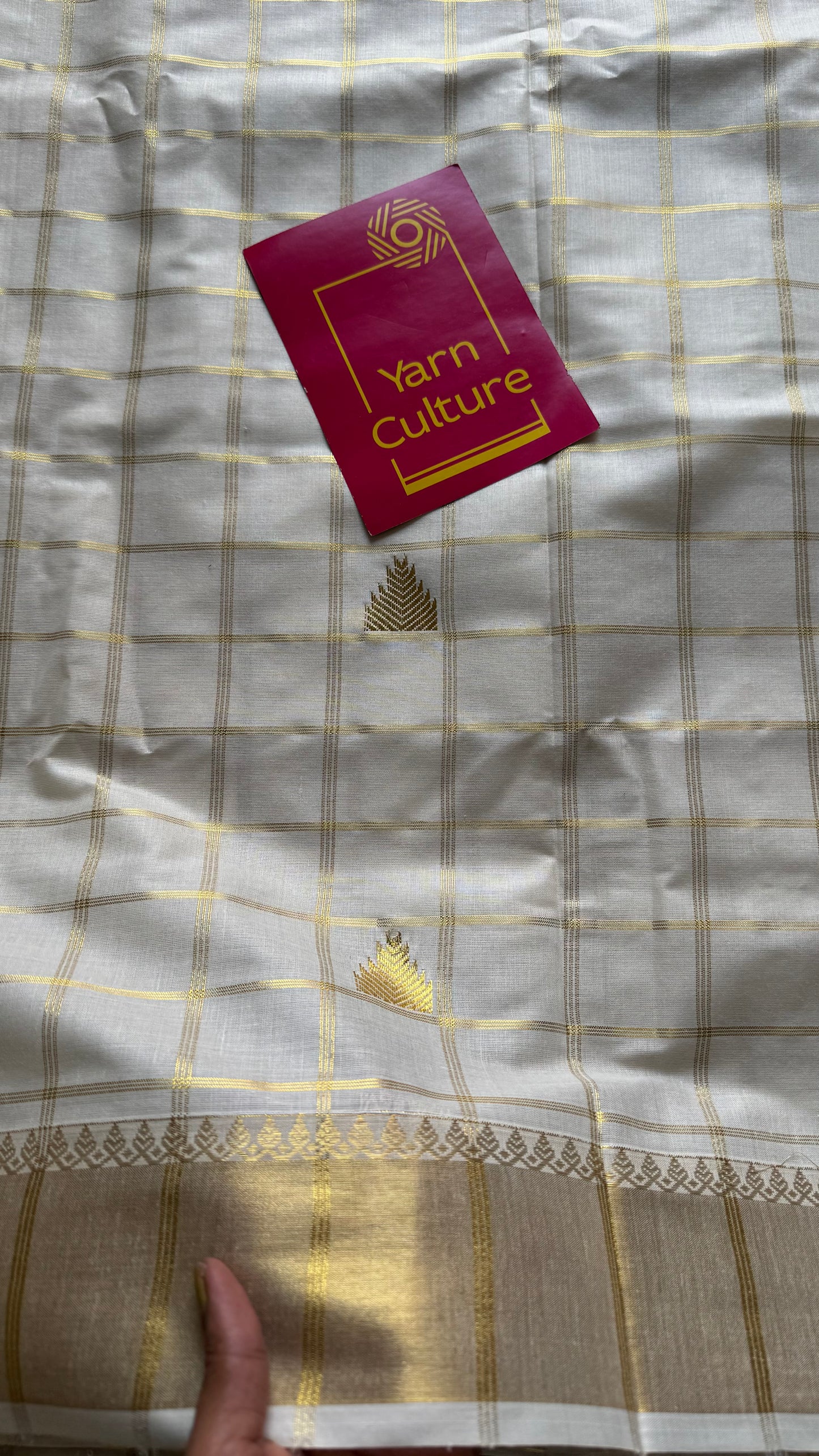 Ivory Kerala cotton saree with checks and gold jacquard motifs - YCIEKCFE319