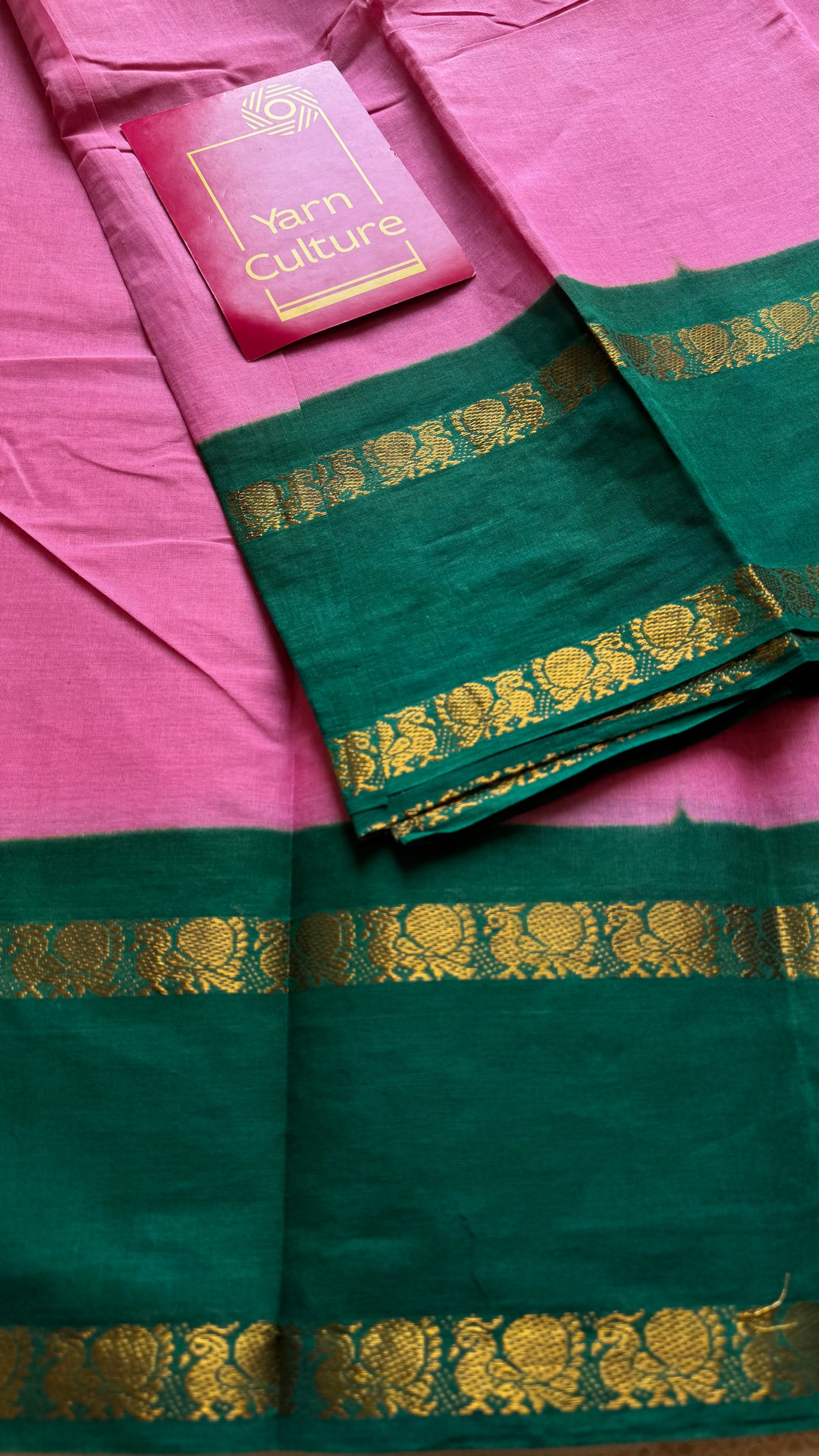 Pink with bluish green rettaipettu peacock double border, madurai soft cotton - YCCOTNMSAP203
