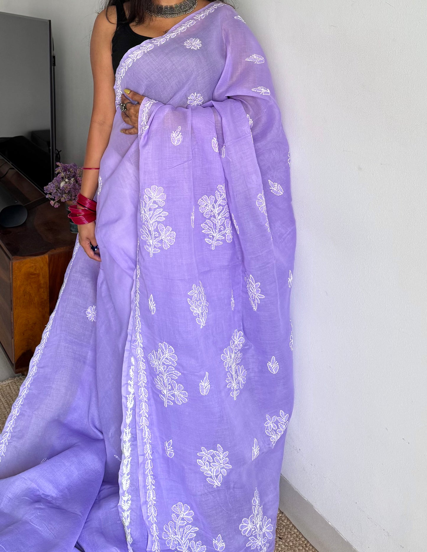 Inaya - lilac hand-embroidered chikankari cotton saree - YCLCKFE419