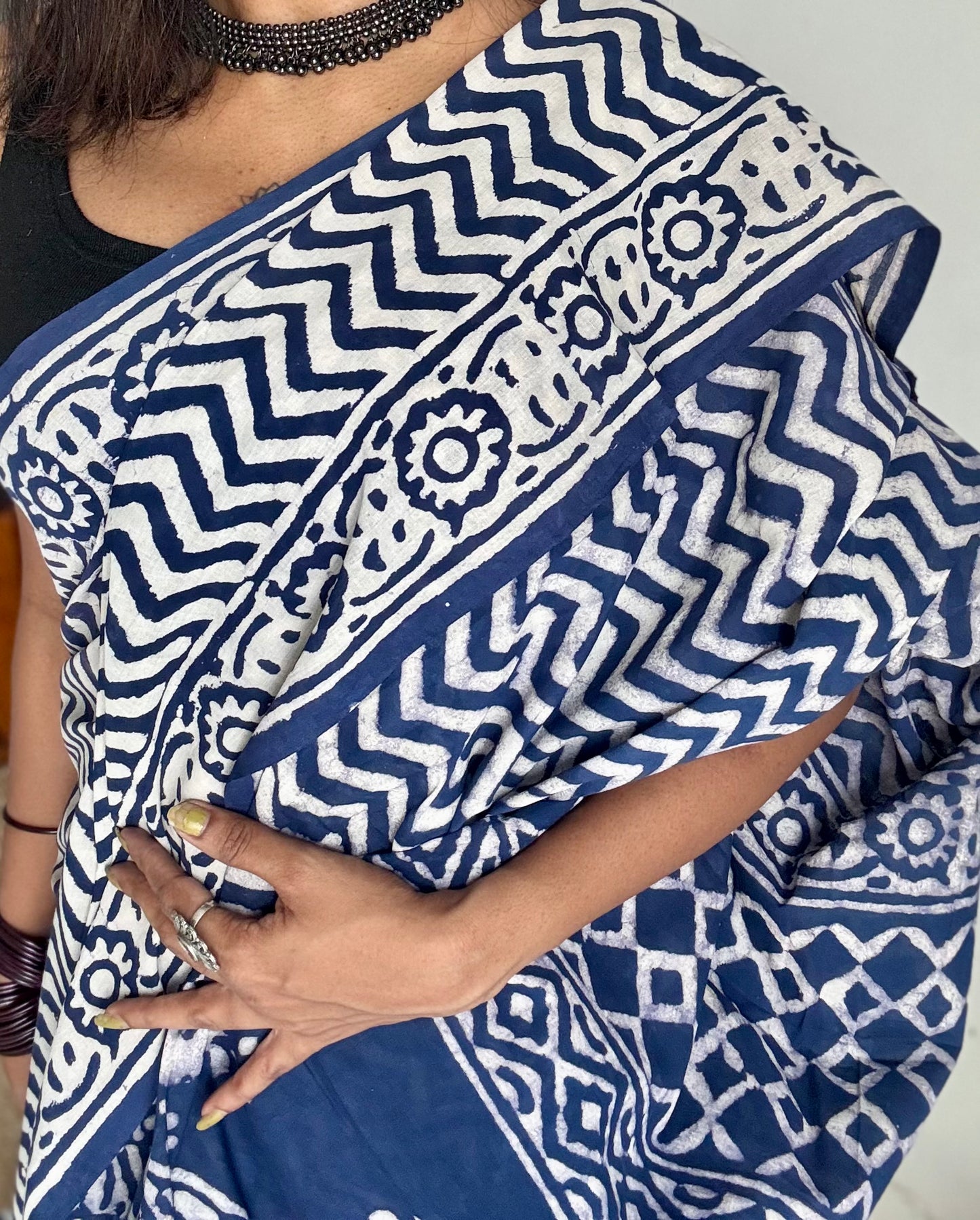 Beige with indigo zig zag motifs, block printed soft cotton saree - YCTORCMA22