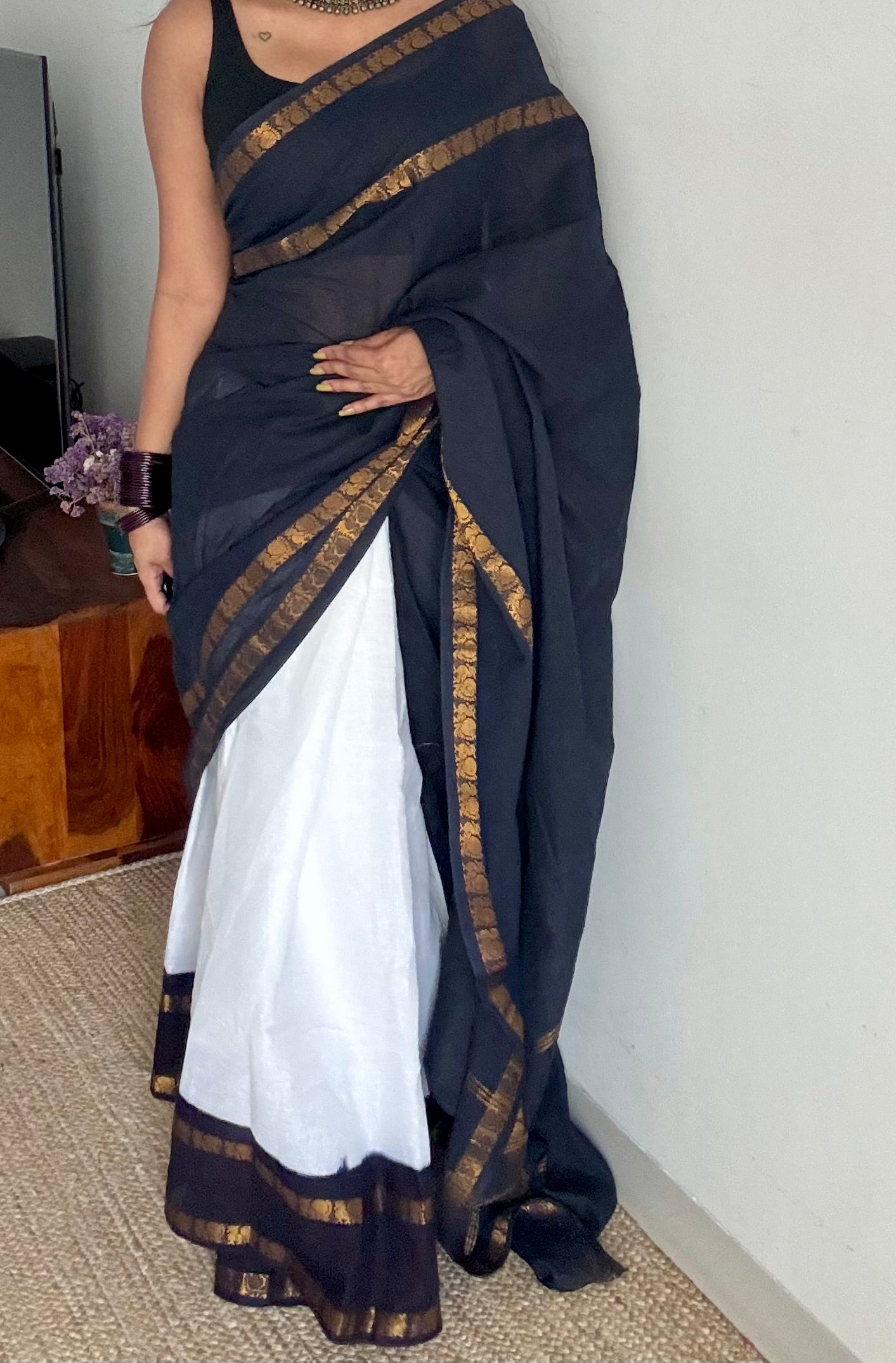 Black with white, sungudi cotton half-half saree - YCCOTNMSFE367