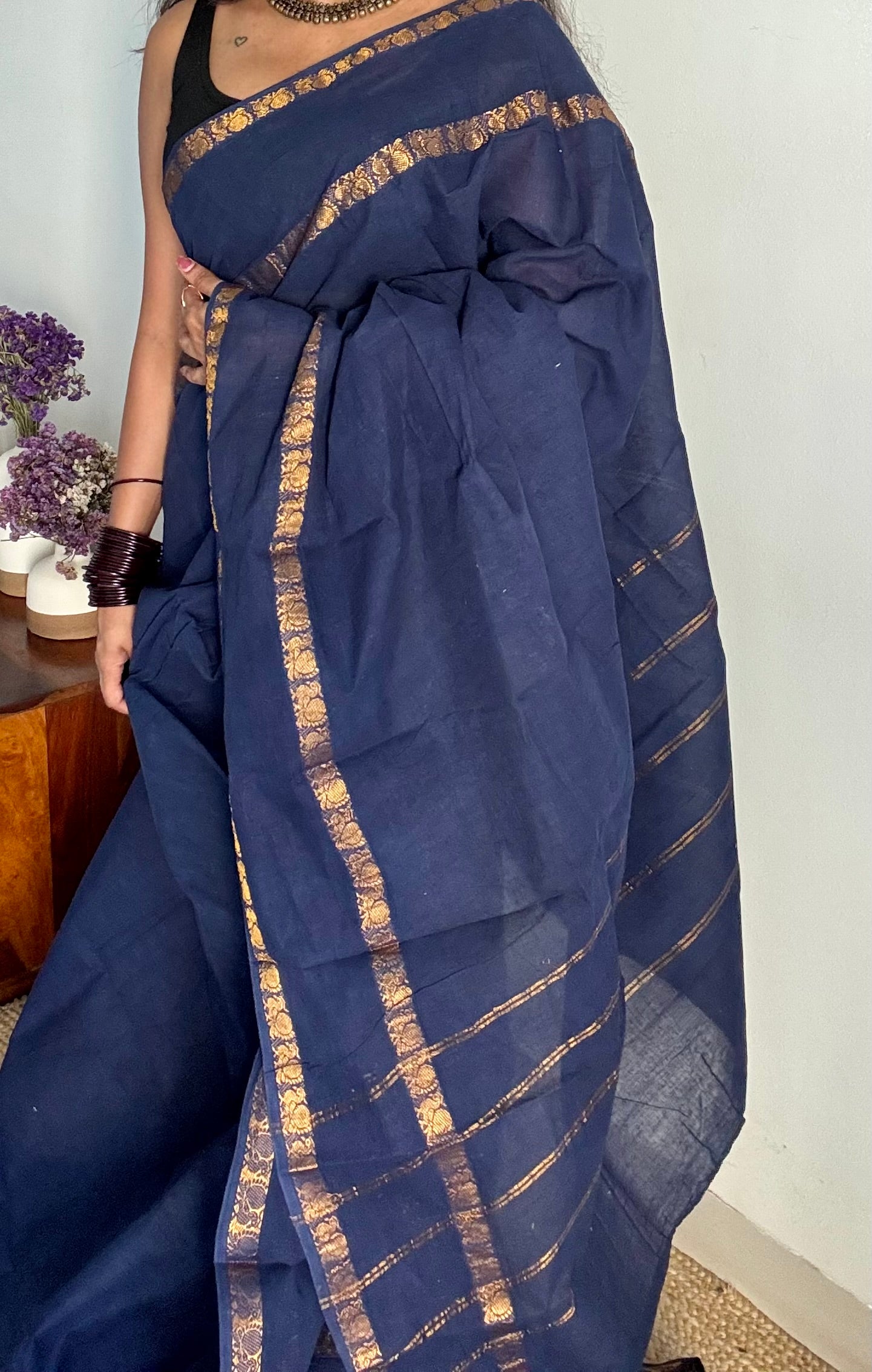 Dark blue rettaipettu peacock double bordered, kattuchayam dyed madurai cotton saree - YCCOTNMA277